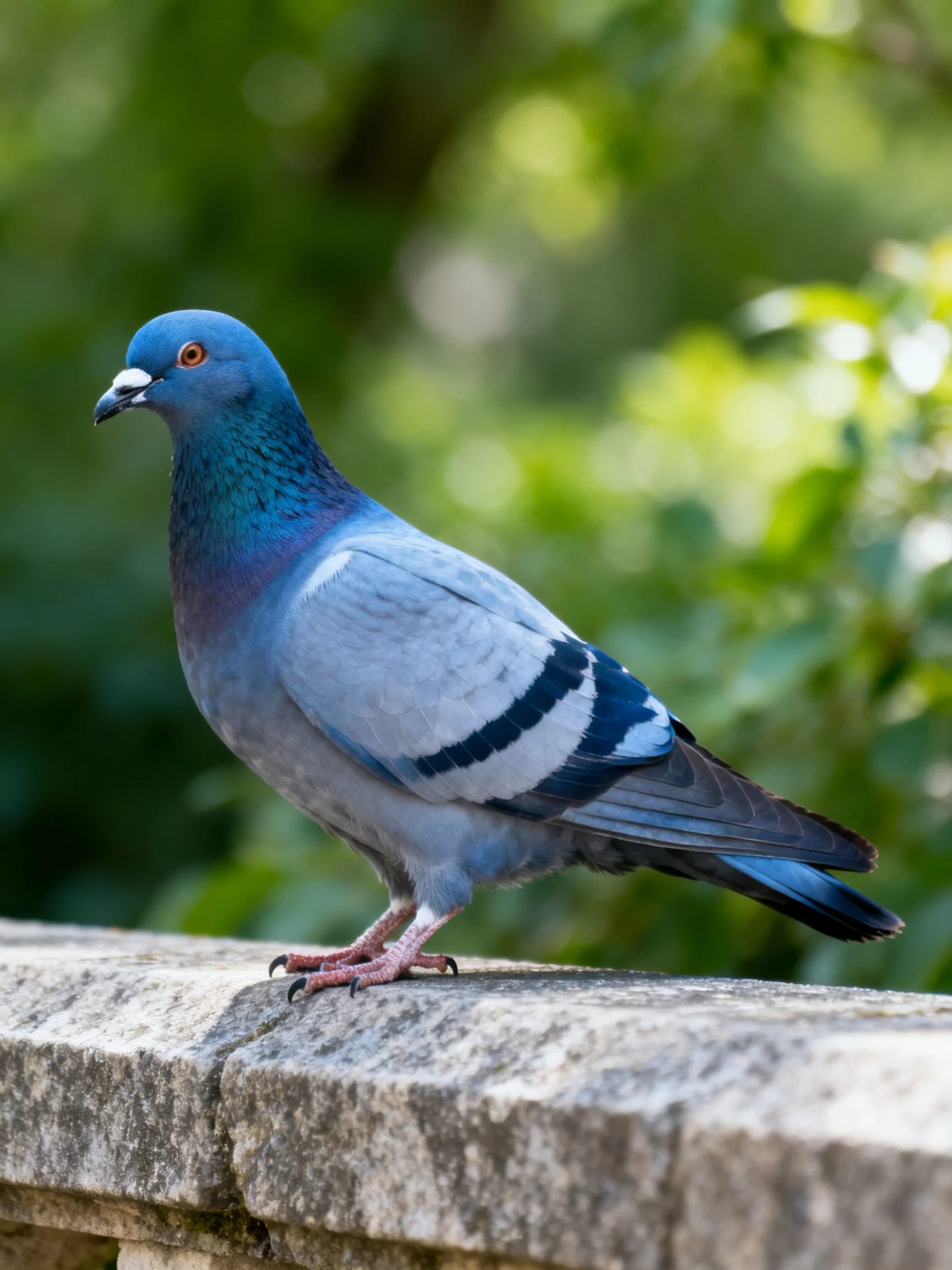 A blue pigeon stands on a weathered stone ledge amid greenery.