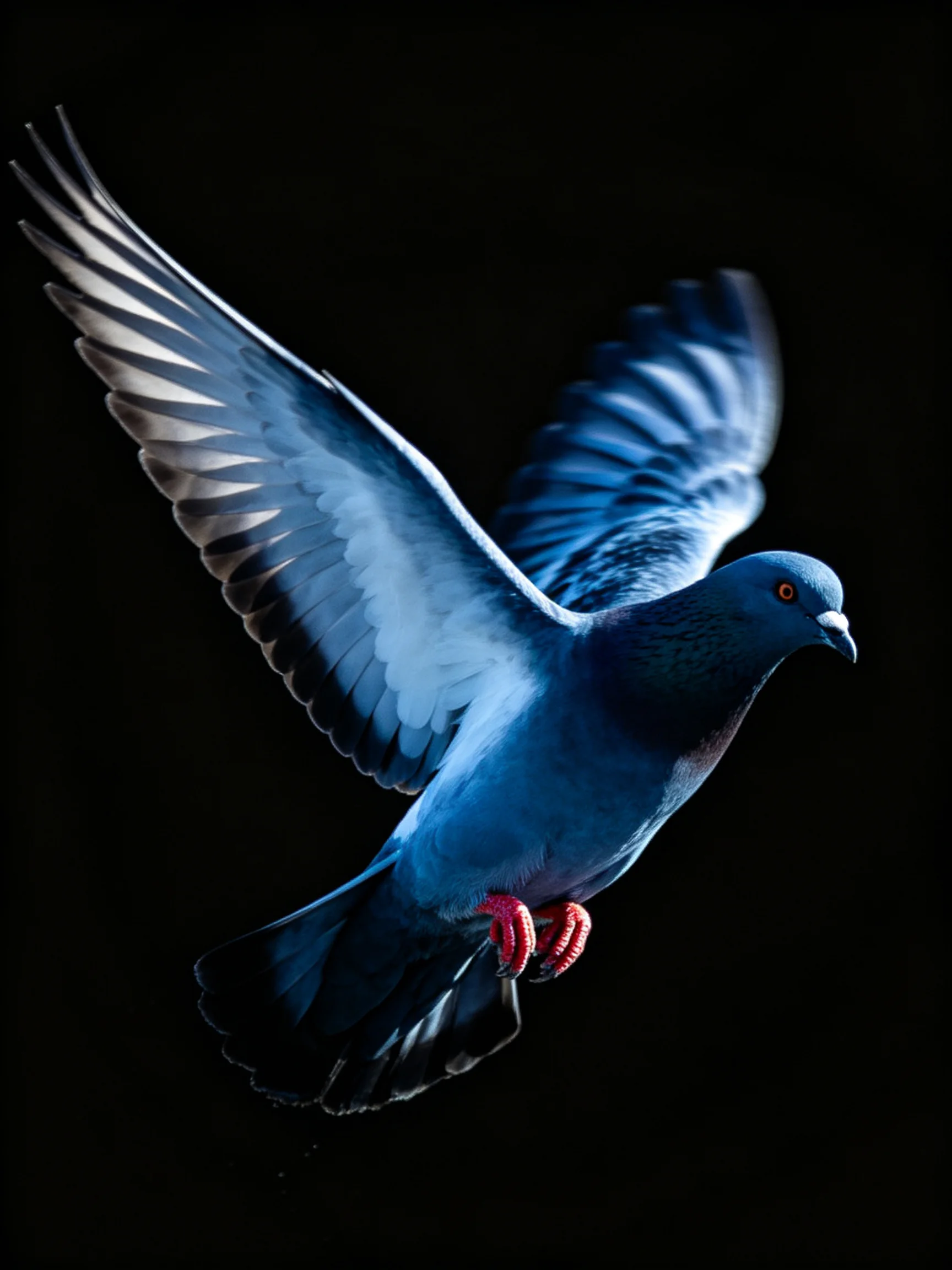 A vibrant blue pigeon soars against a stark black backdrop