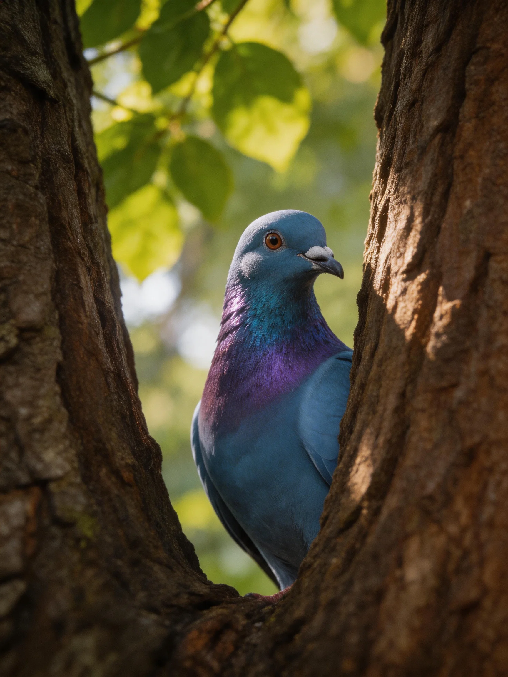 A vibrant blue pigeon with purple neck perched between two tree trunks