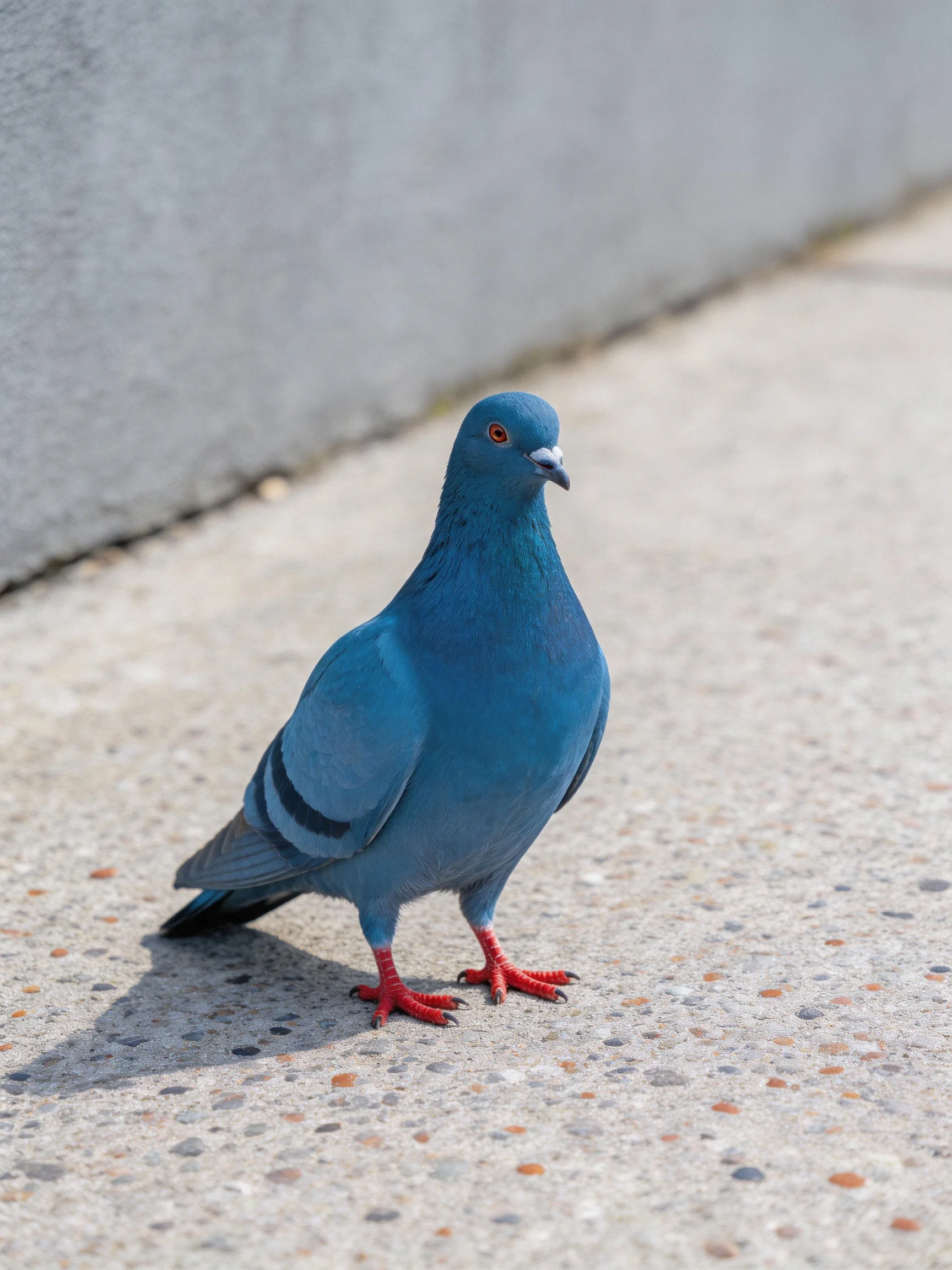A blue pigeon stands on a speckled concrete surface near a wall.