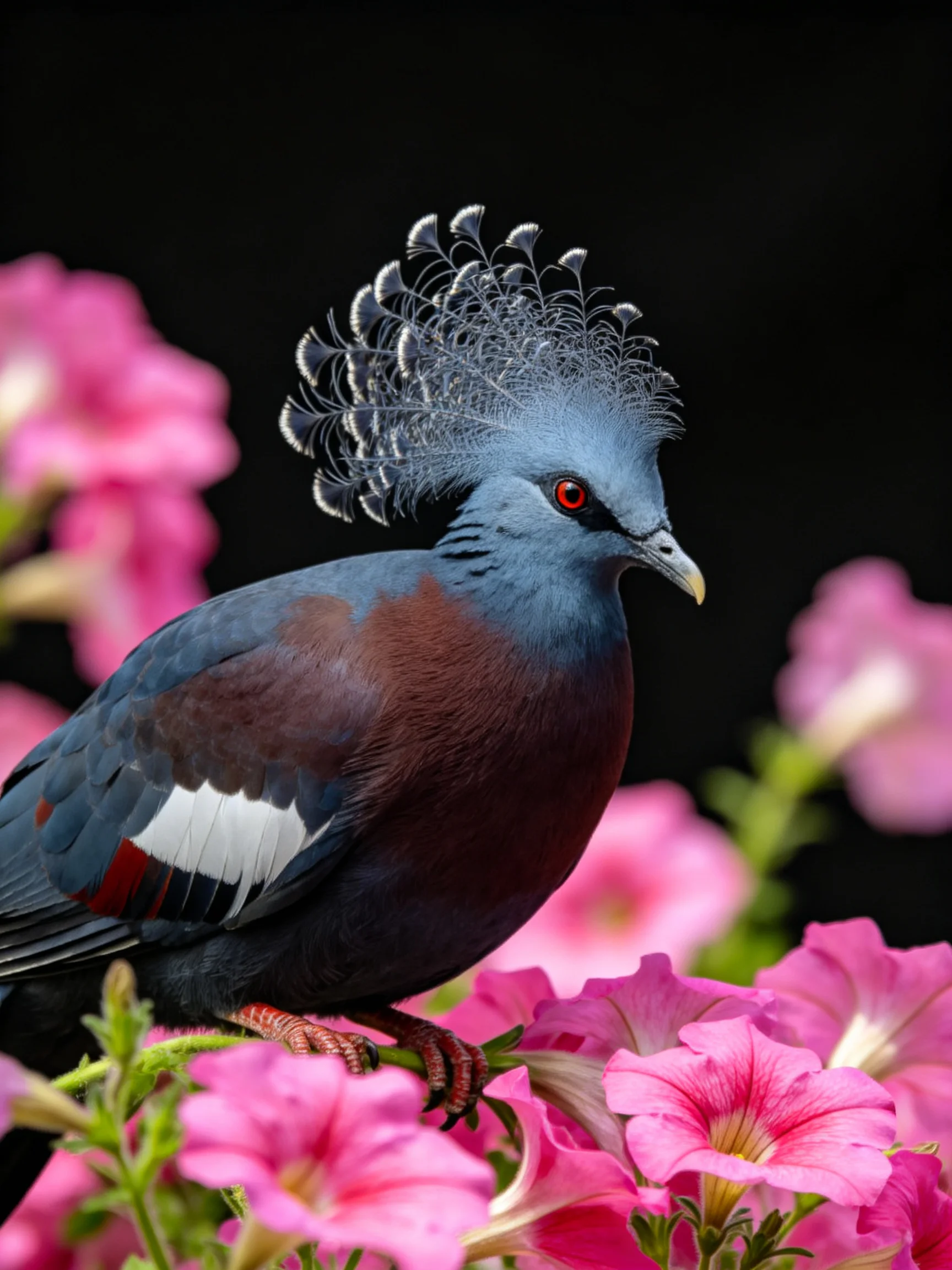 A vibrant crested pigeon perched among bright pink blooms