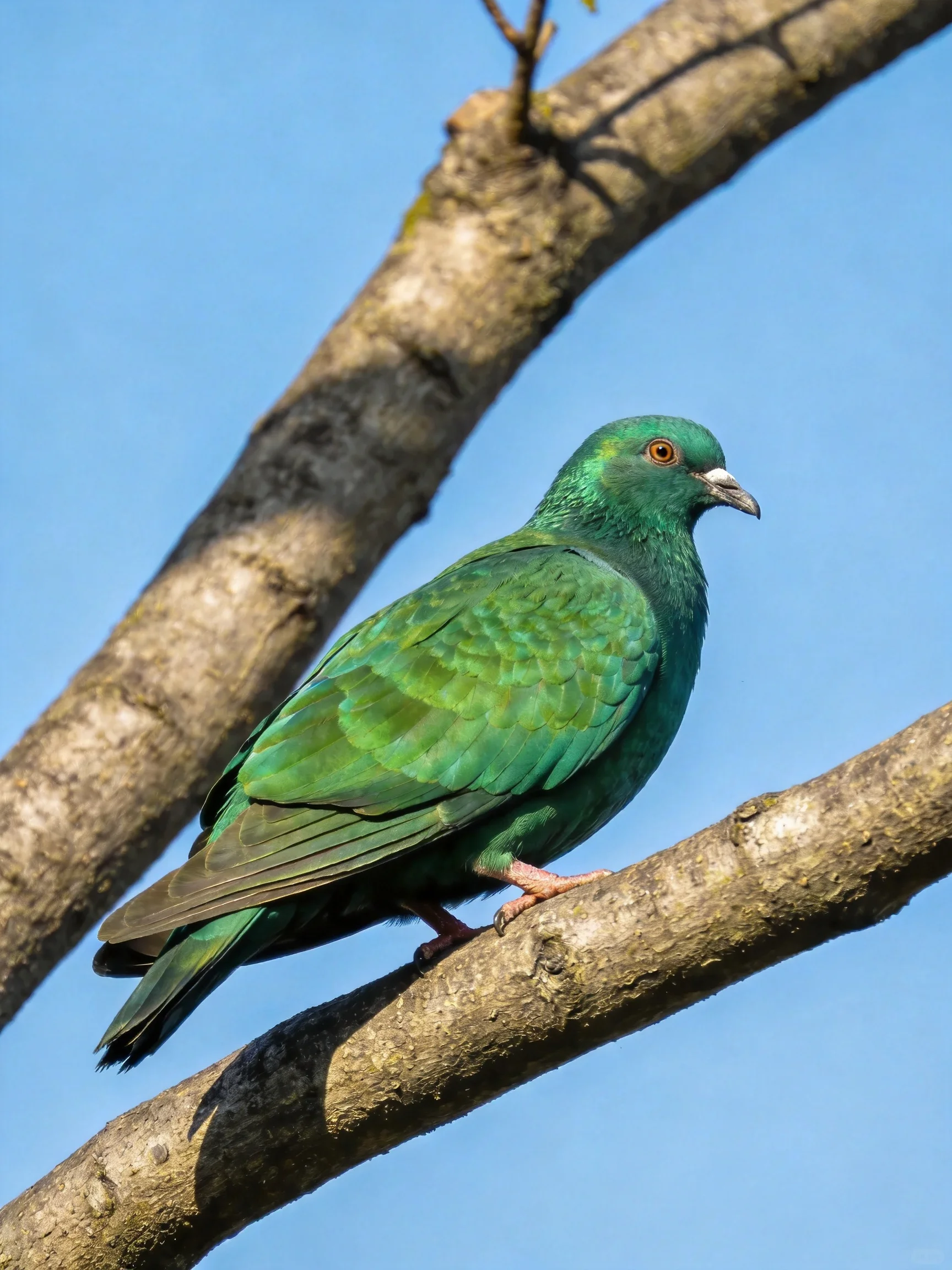 A vibrant emerald pigeon perched on aged tree branches