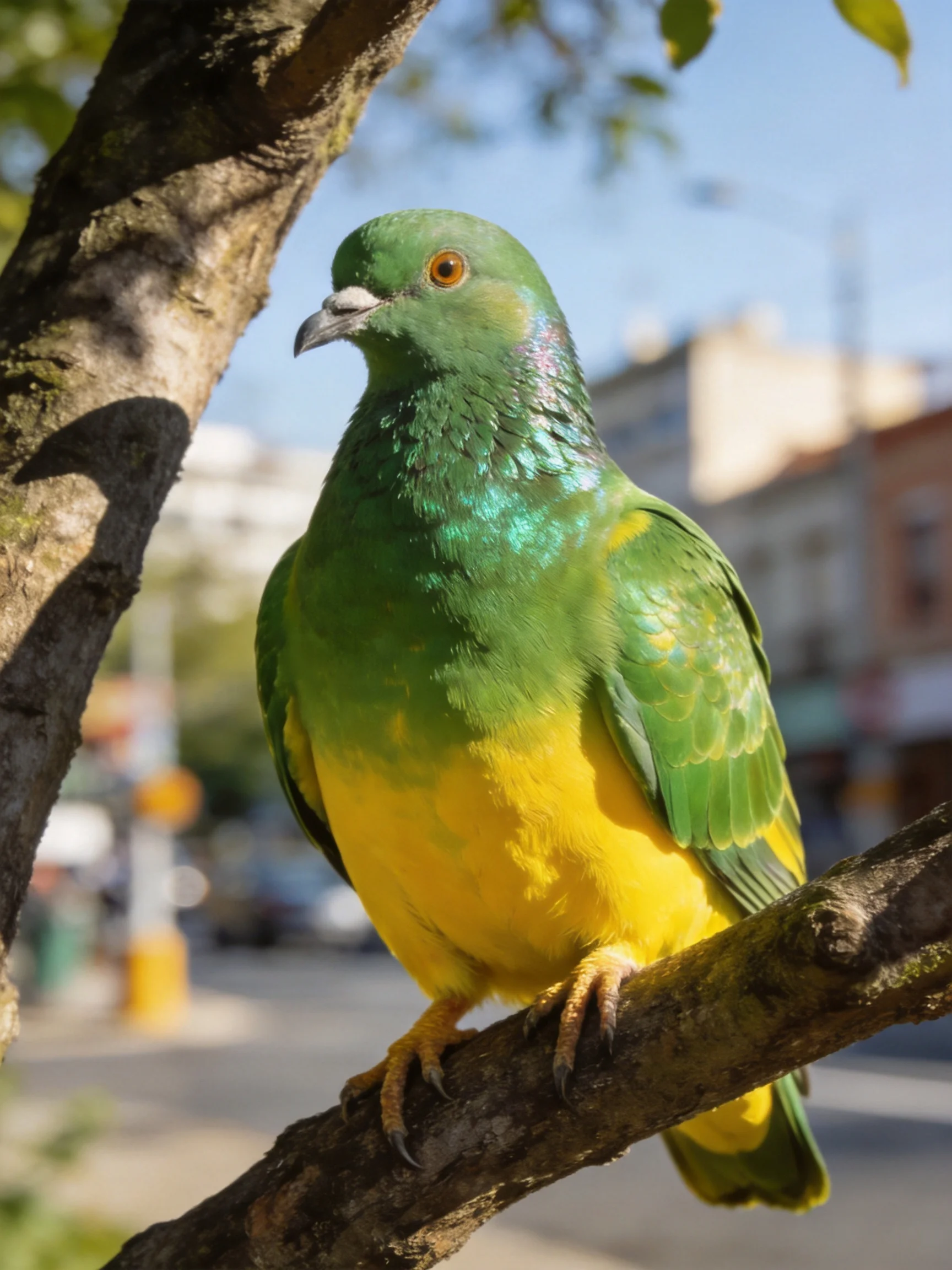 A vibrant green and yellow pigeon perched on a tree branch