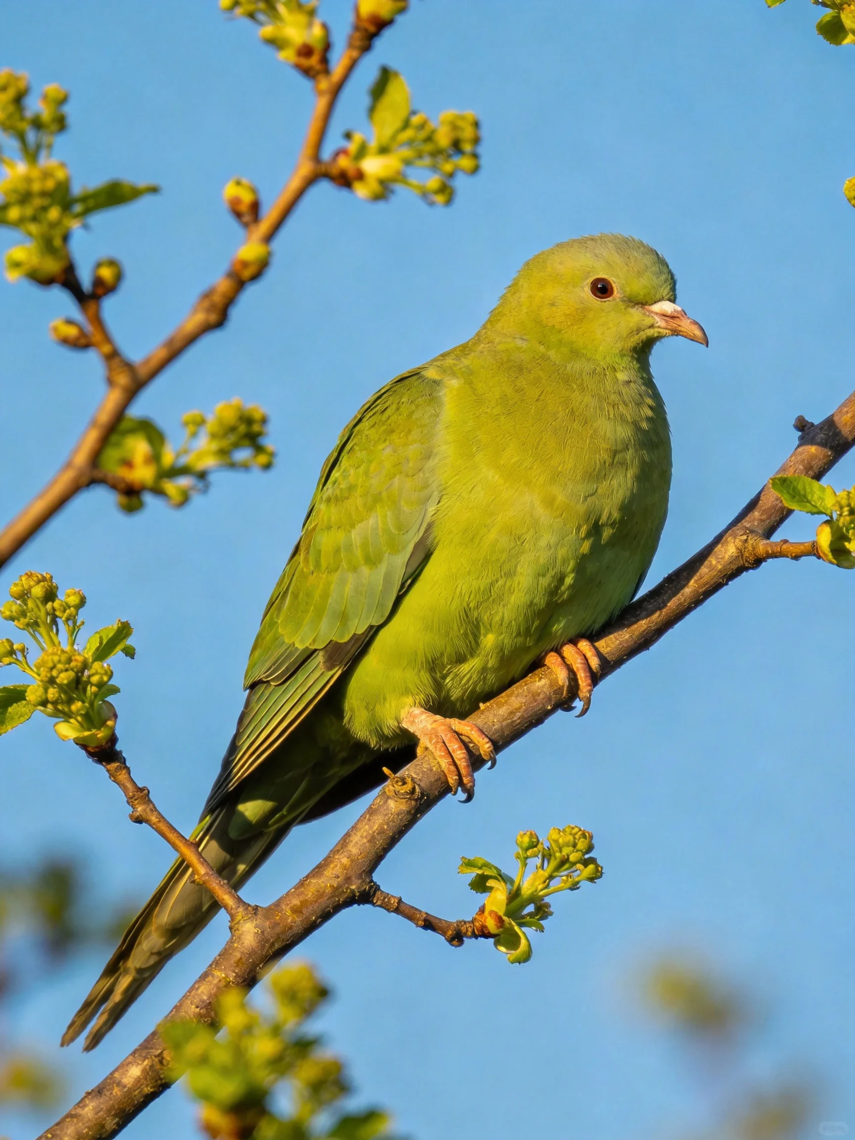 A vibrant green pigeon perched on a budding tree branch