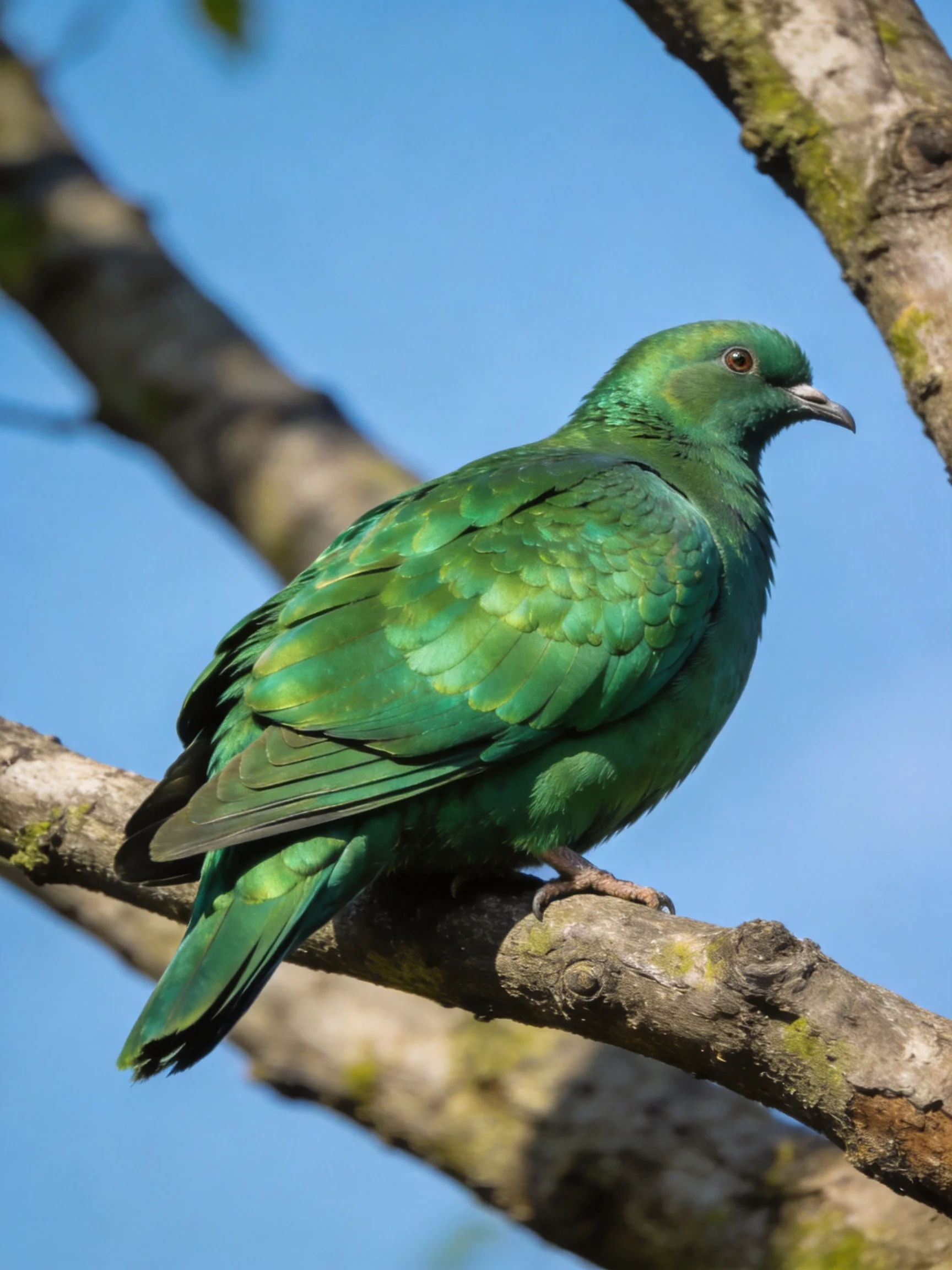 A vibrant green pigeon perched on a mossy tree branch
