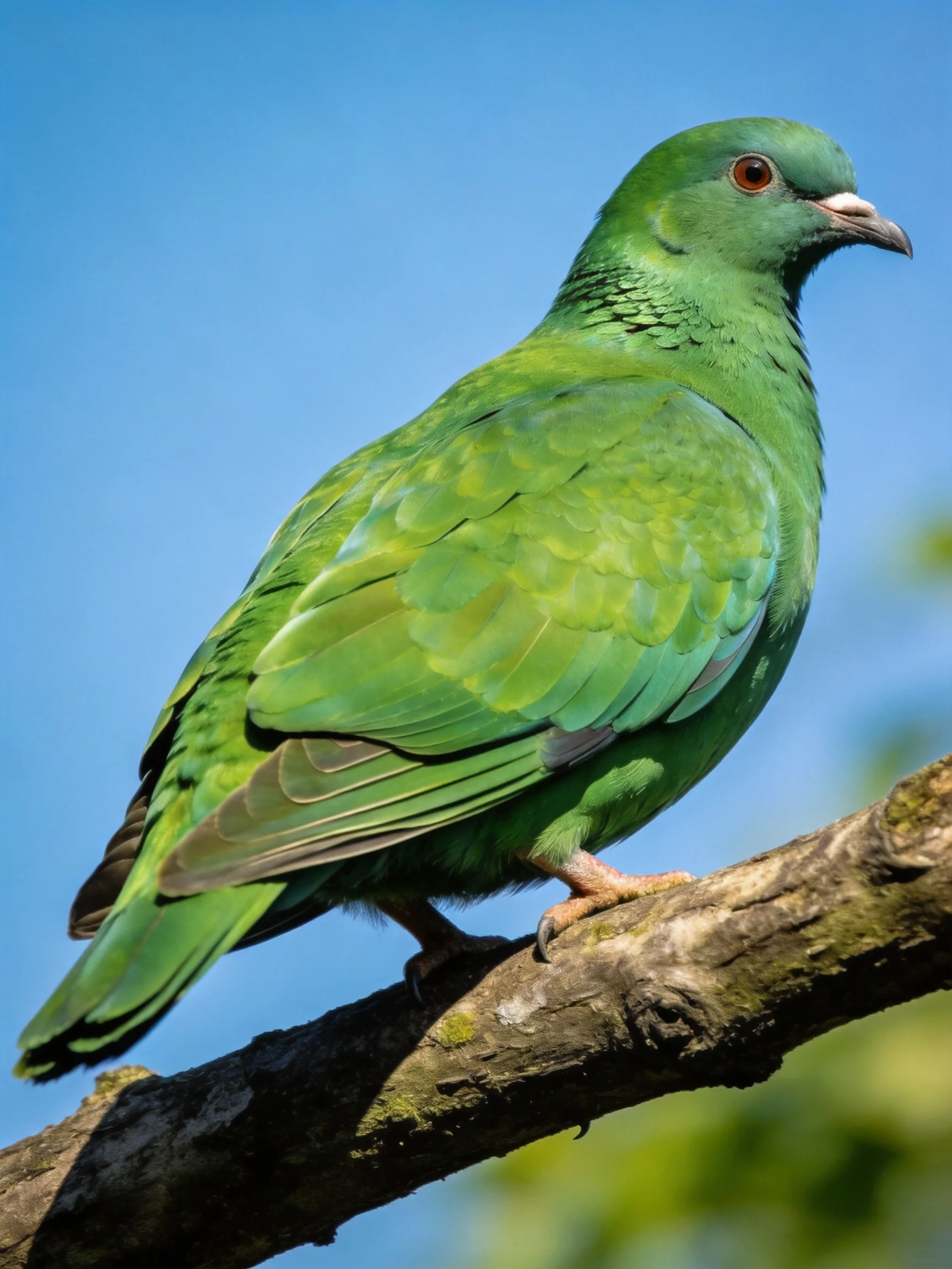 A vibrant green pigeon perched on a mossy tree branch