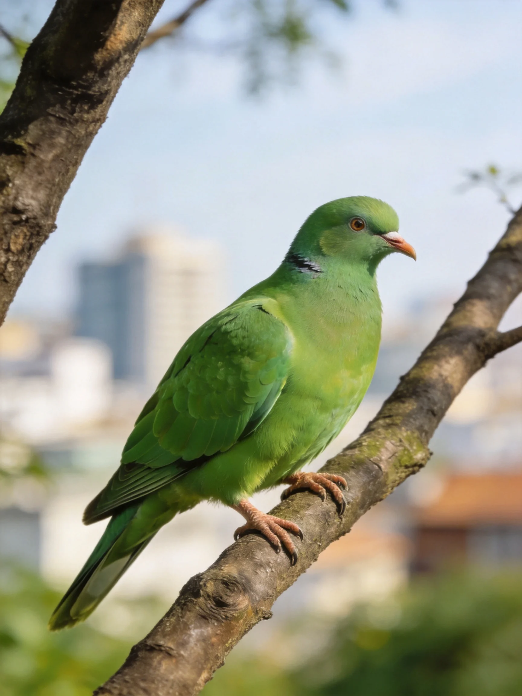 A vibrant green pigeon perched on a tree branch near urban buildings