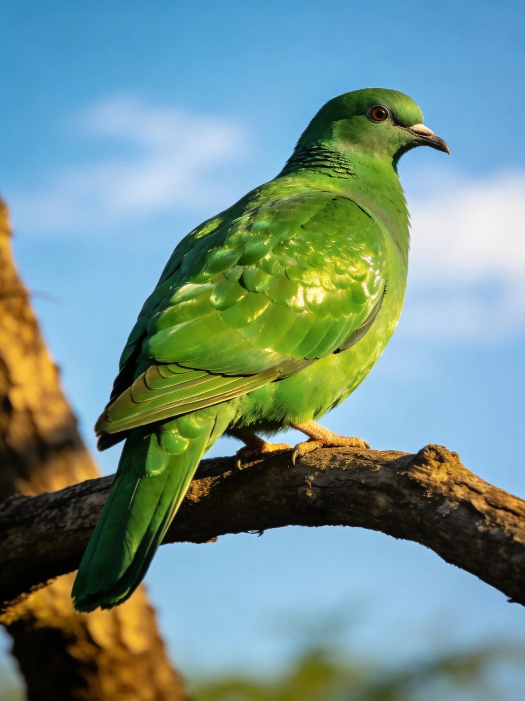 A vibrant green pigeon perched on a tree branch under clear blue sky