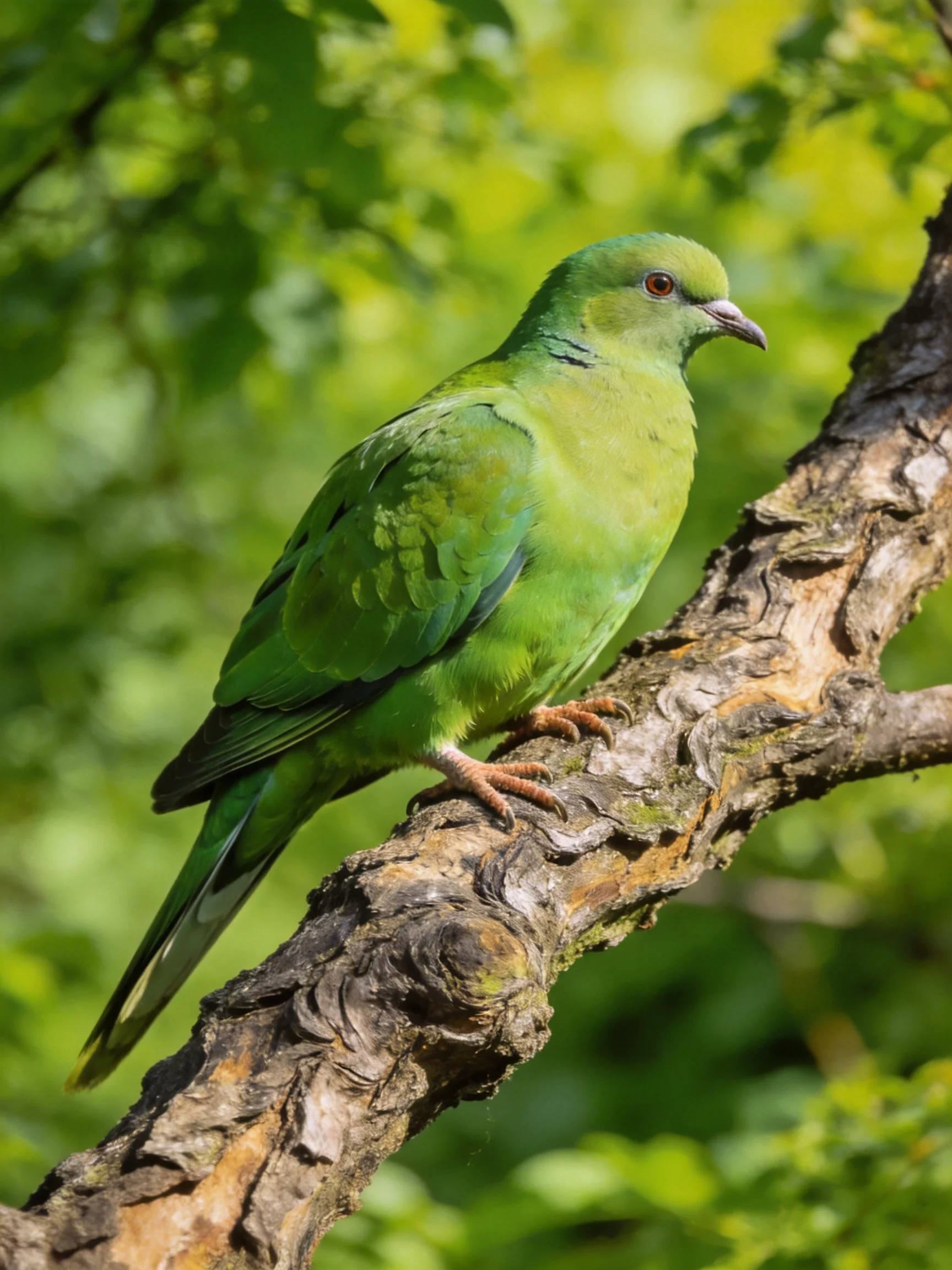 A vibrant green pigeon perches on a gnarled tree branch