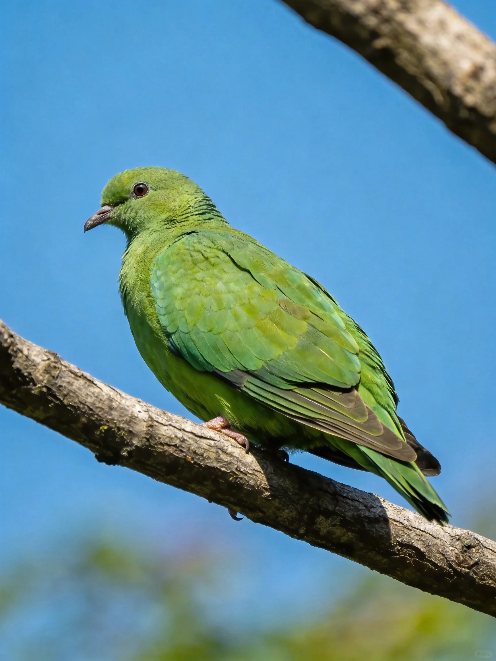 A vibrant green pigeon perches on a weathered tree branch