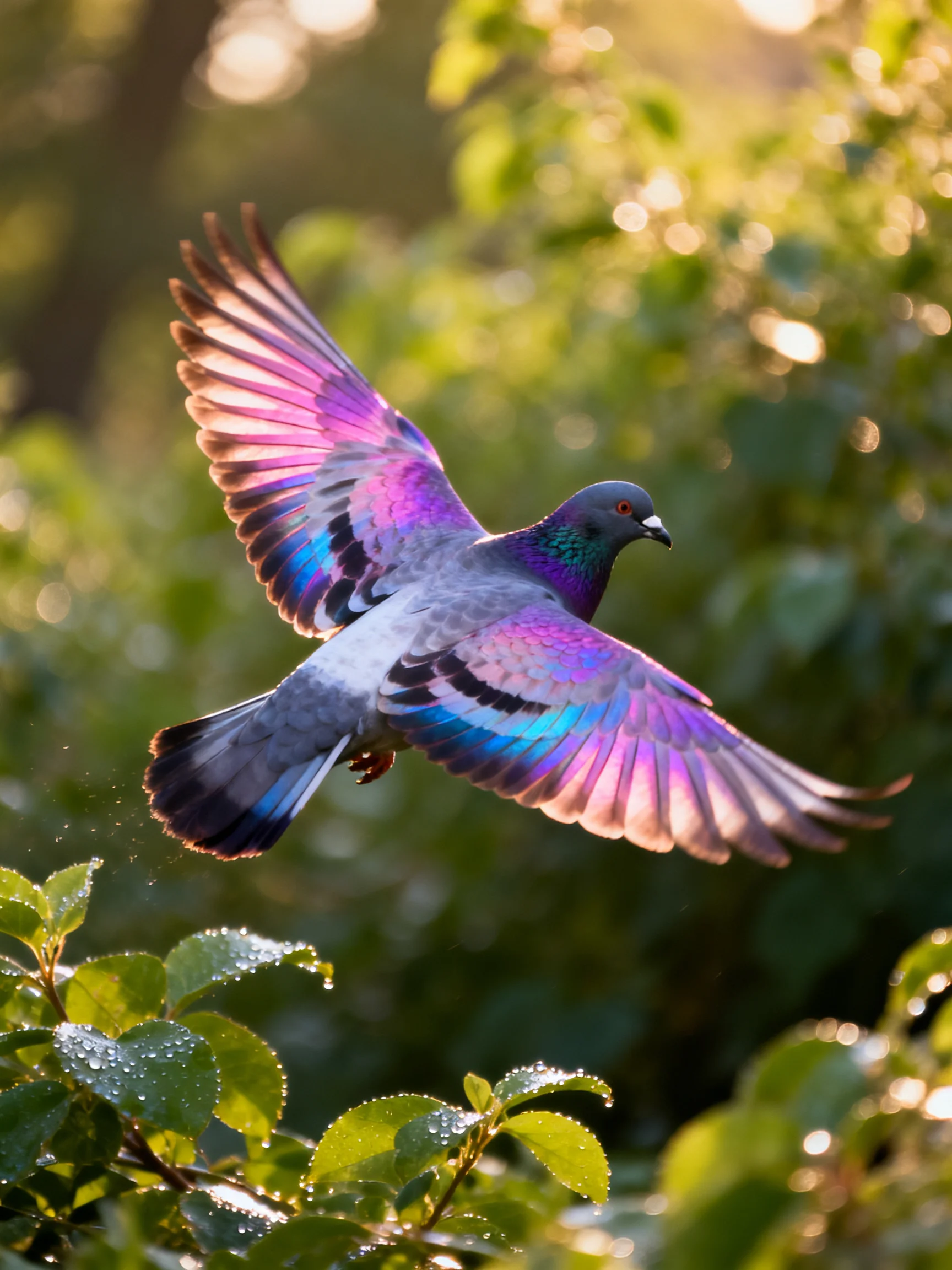 A vibrant pigeon flies among dewy green foliage with iridescent purple-blue wings