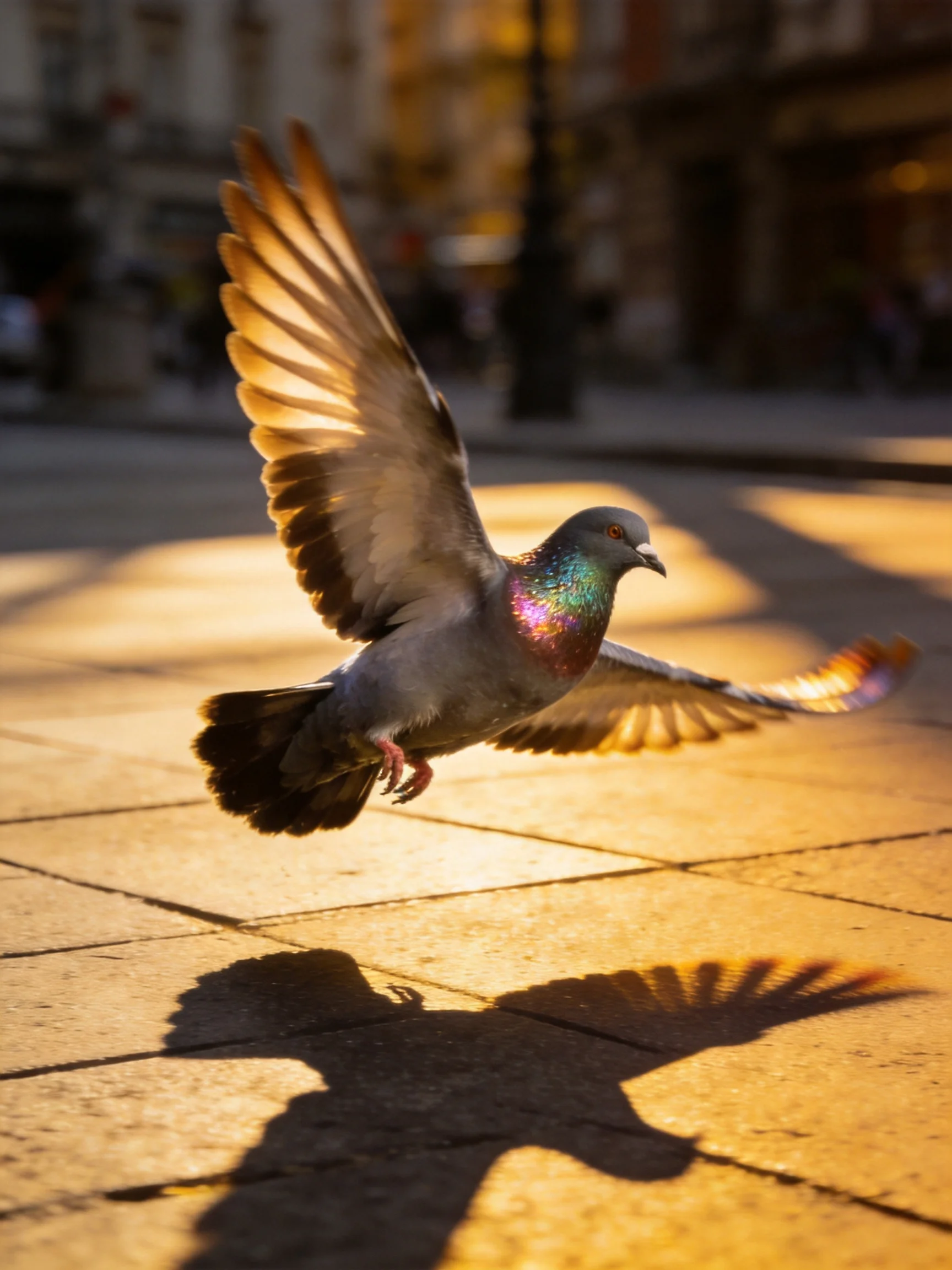 A vibrant pigeon flies over sunlit stone pavement with wing shadows