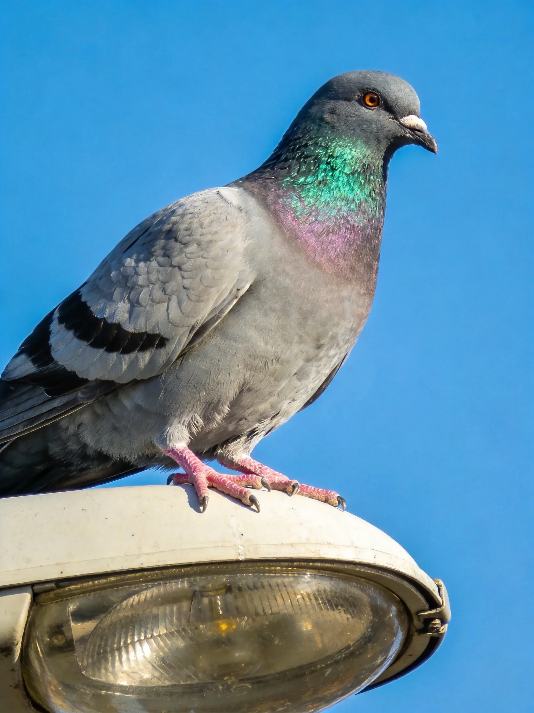 A vibrant pigeon perched on a white streetlight against clear blue sky