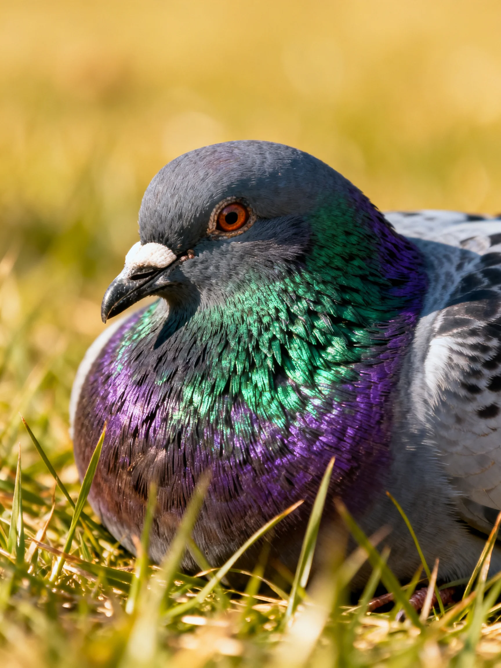 A pigeon with iridescent plumage rests in sunlit grass.