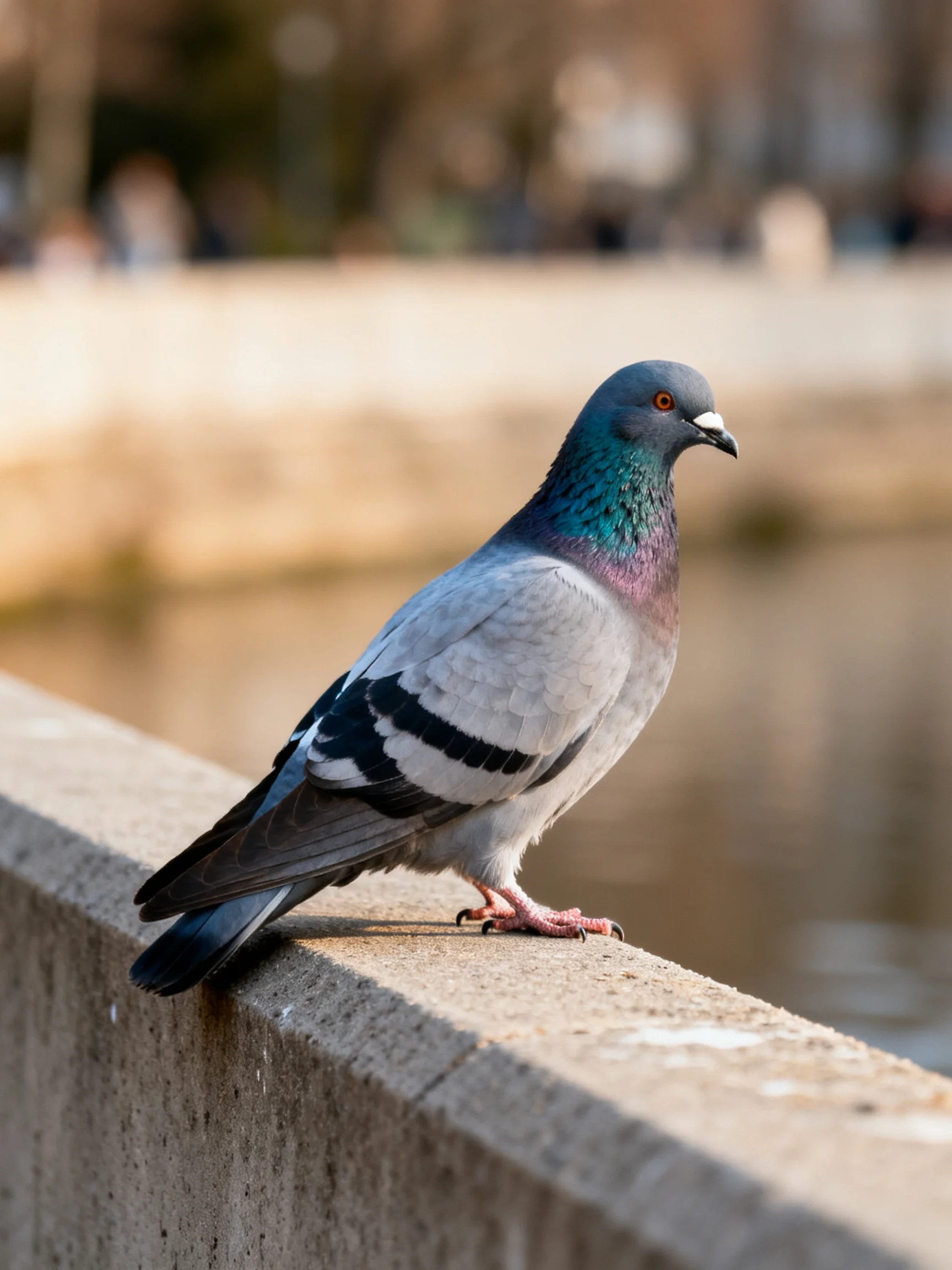 A vibrant pigeon rests on a concrete ledge beside tranquil water