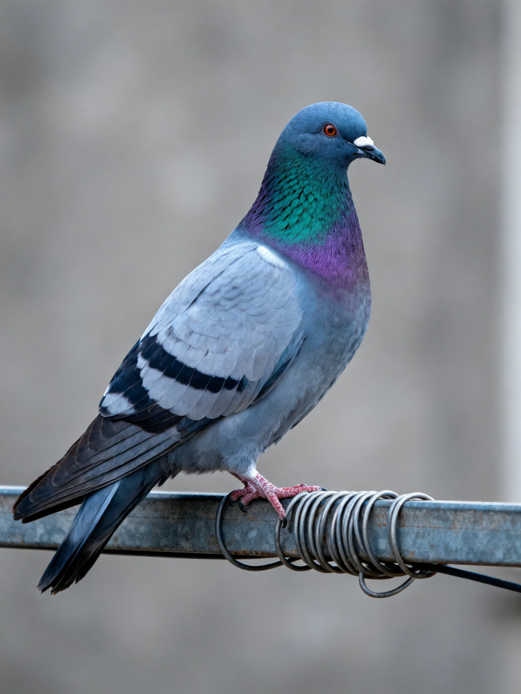 A vibrantly colored pigeon rests on a metal bar near coiled wires.