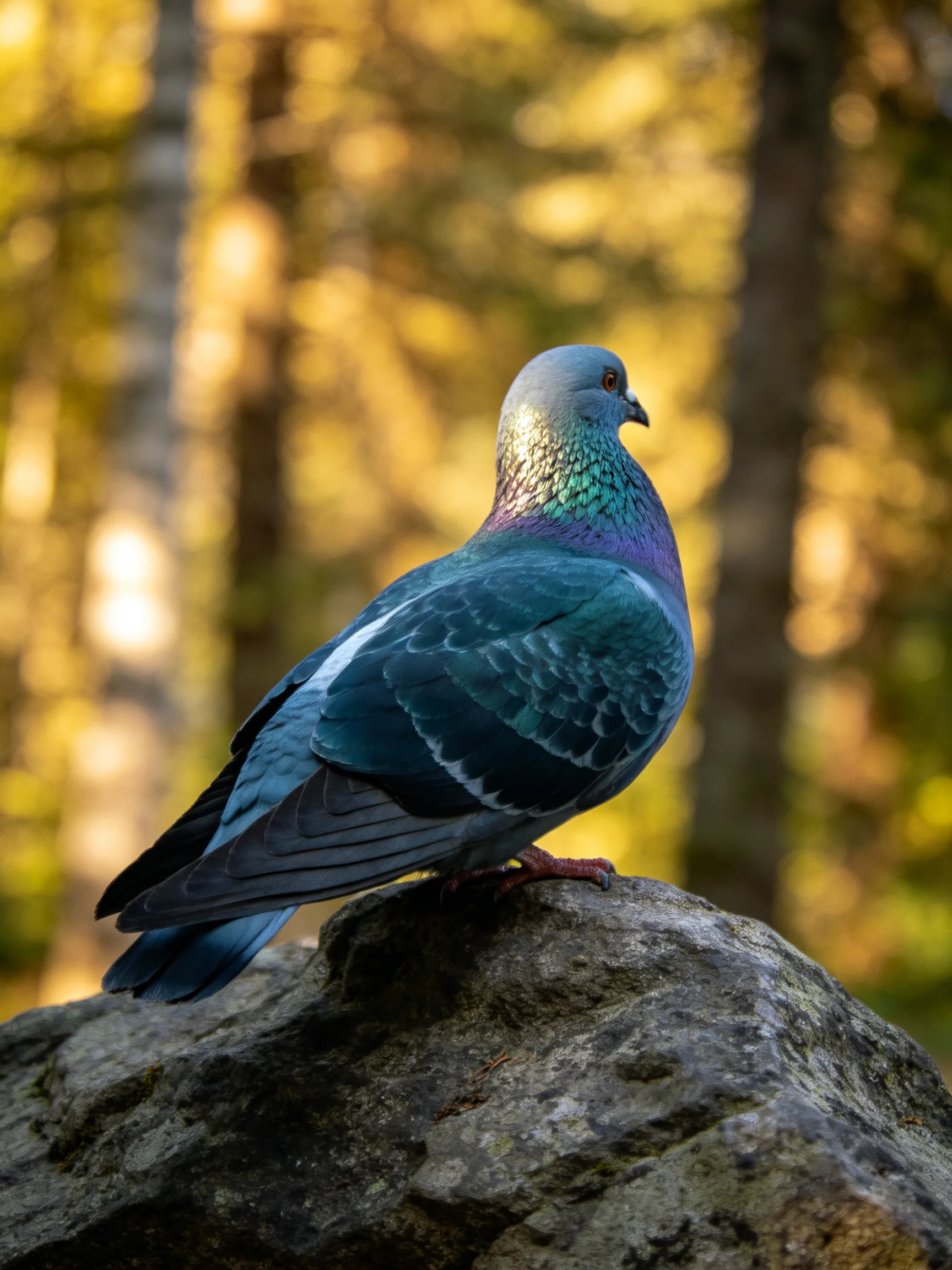 A vibrant pigeon with blue-green feathers perches on a rock in a sunlit forest