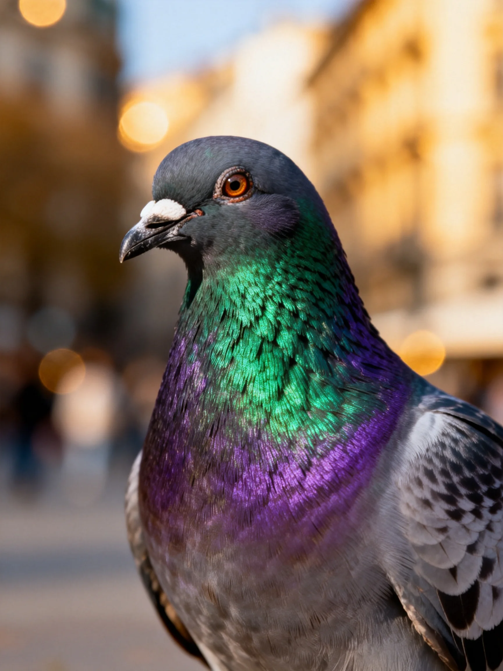 A vibrant pigeon with iridescent green and purple plumage