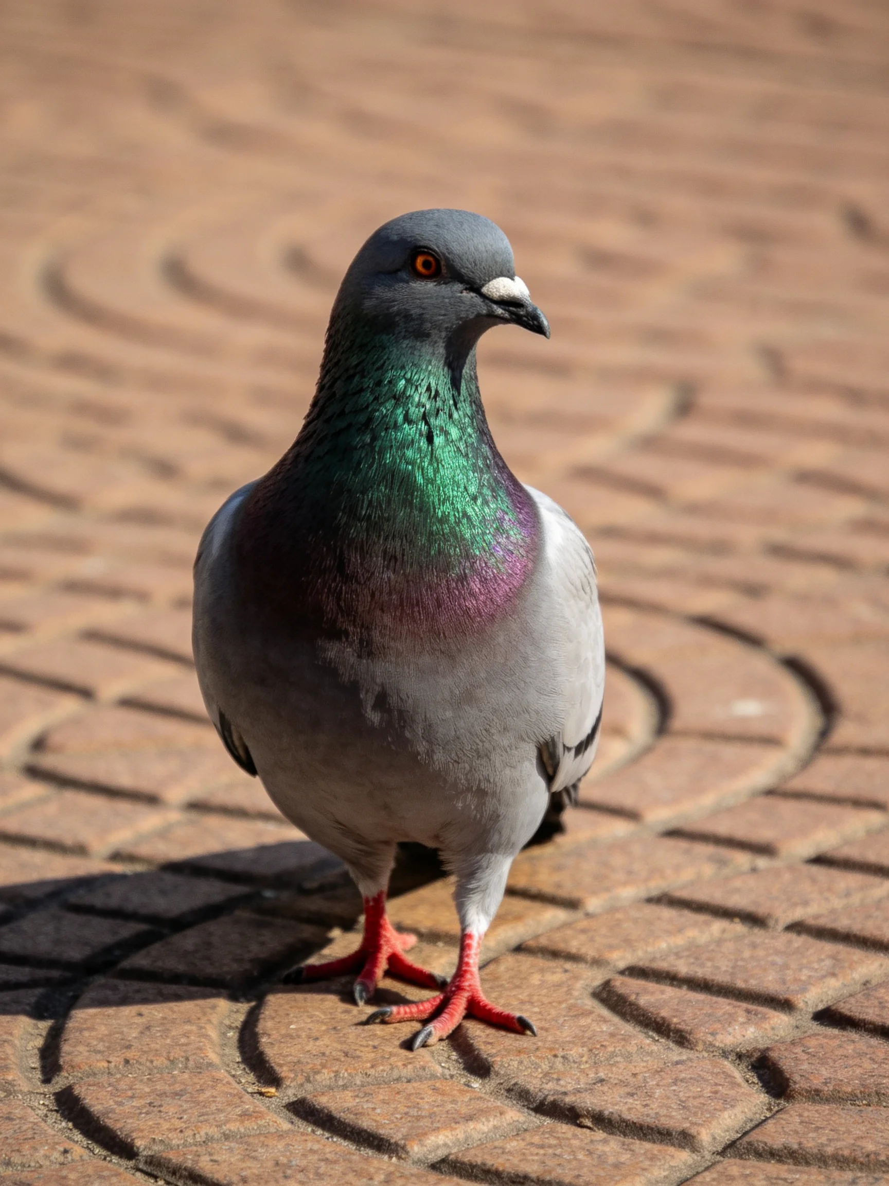 A vibrant pigeon with iridescent neck feathers stands on patterned pavement