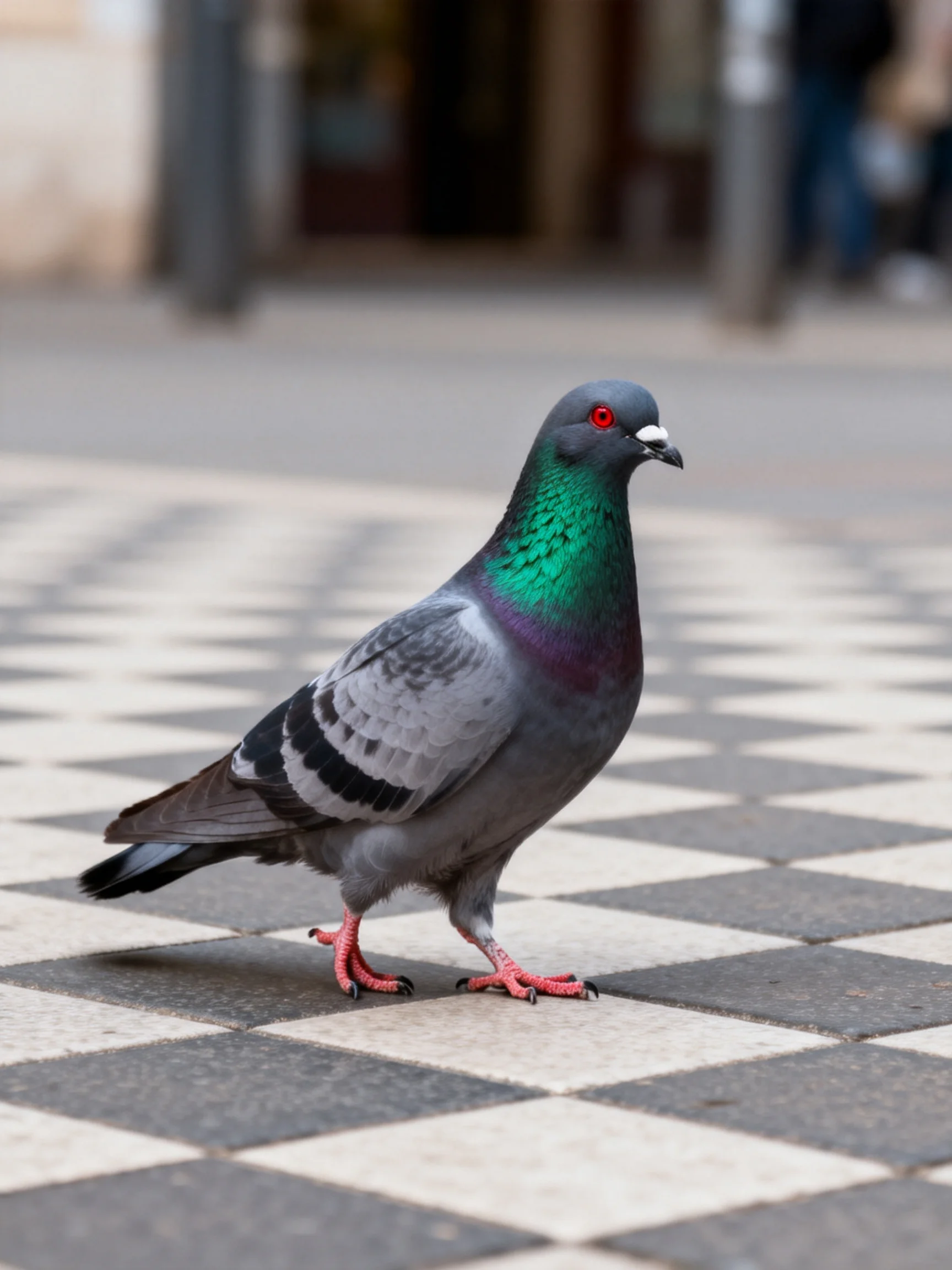 A vibrant pigeon with iridescent plumage on a checkered pavement