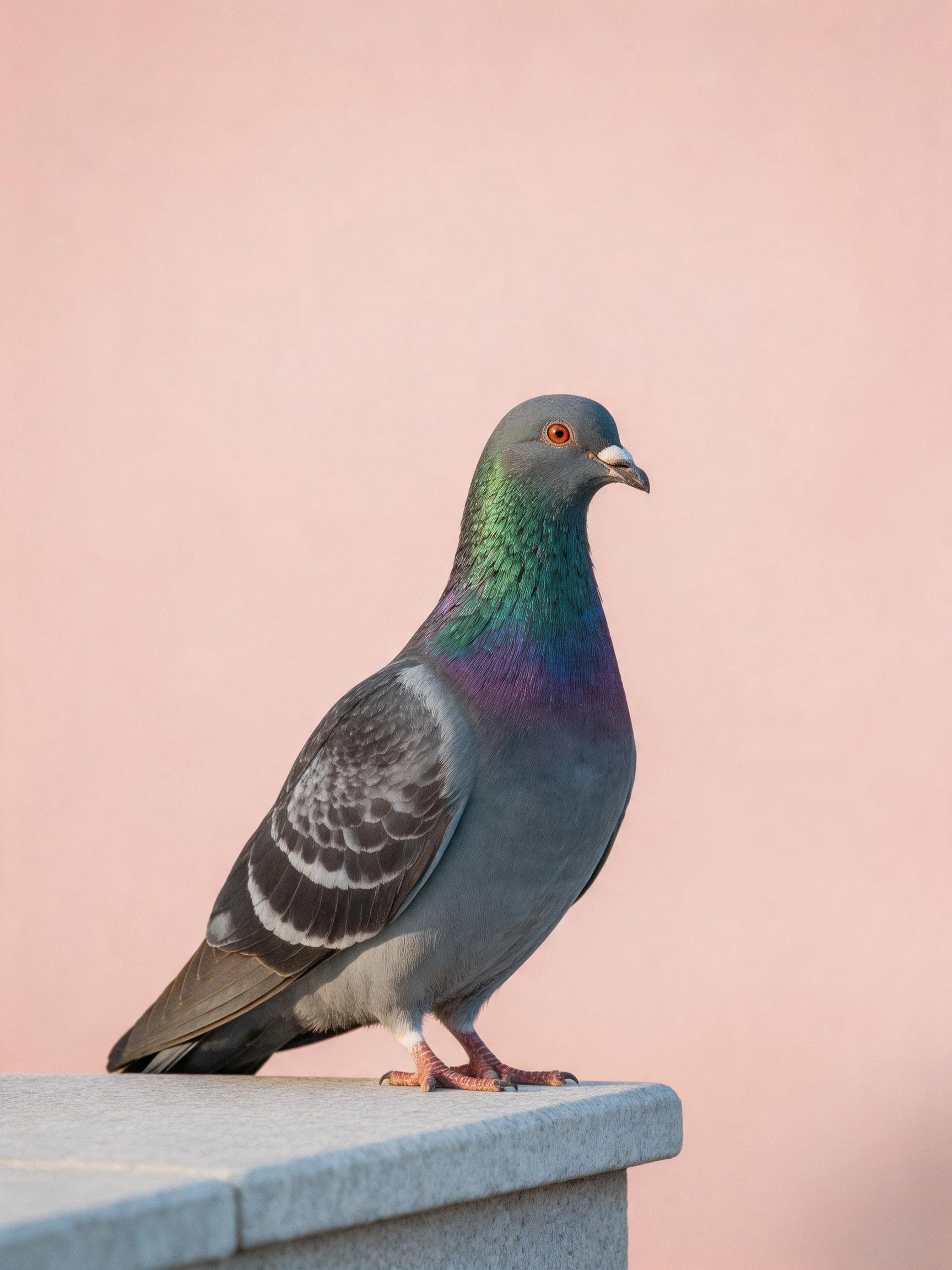 A colorful pigeon stands on a stone structure against a pink backdrop.