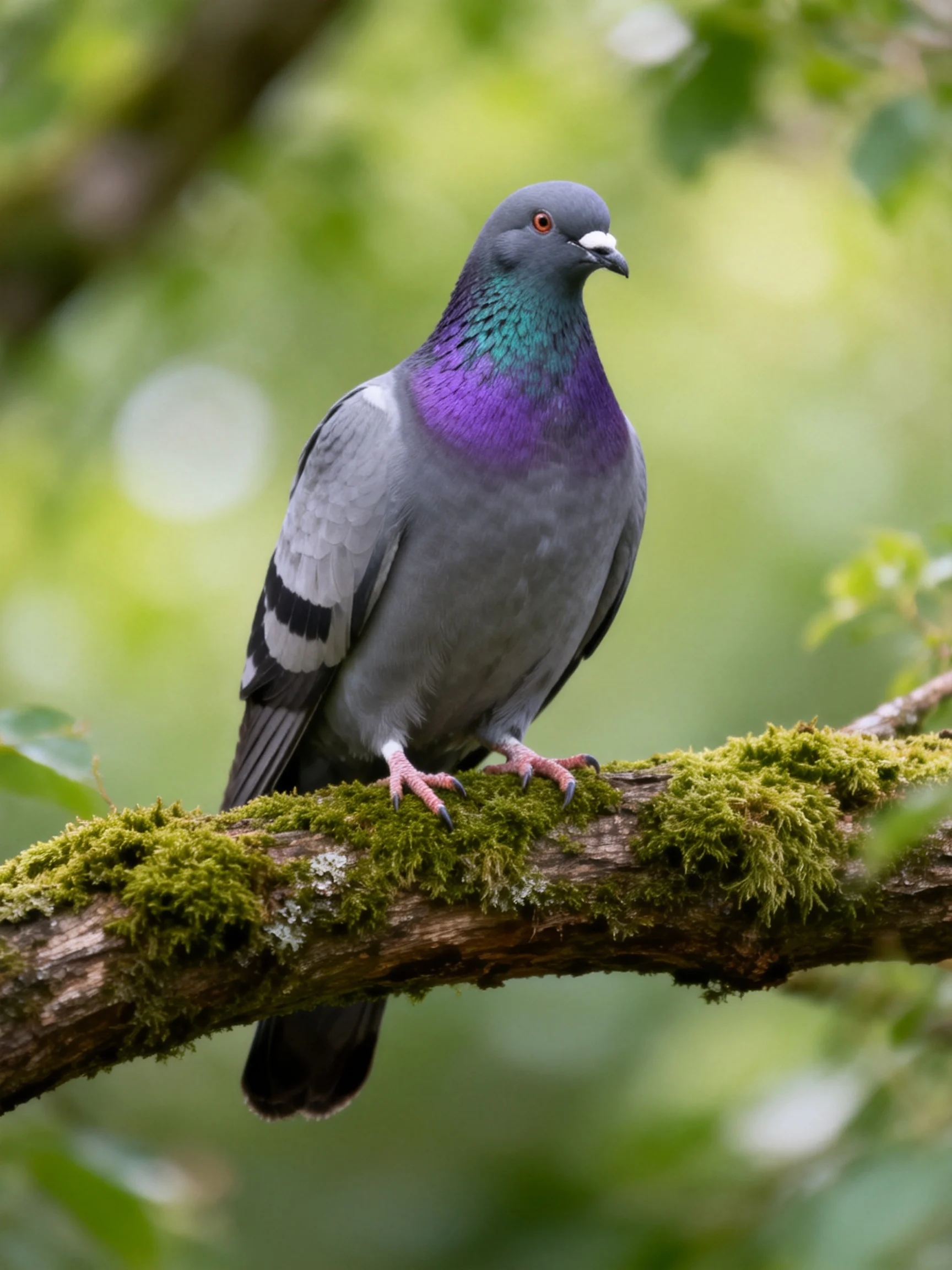 A vibrant pigeon with iridescent plumage sits atop a moss-laden branch.
