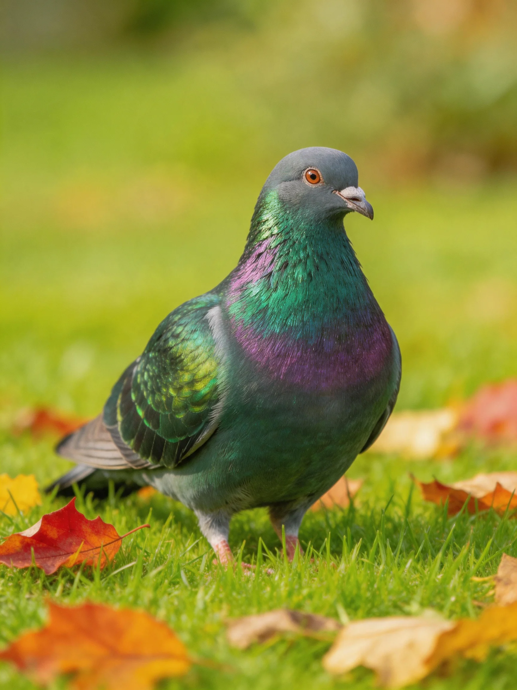 A vibrant pigeon with iridescent plumage stands among colorful fallen leaves