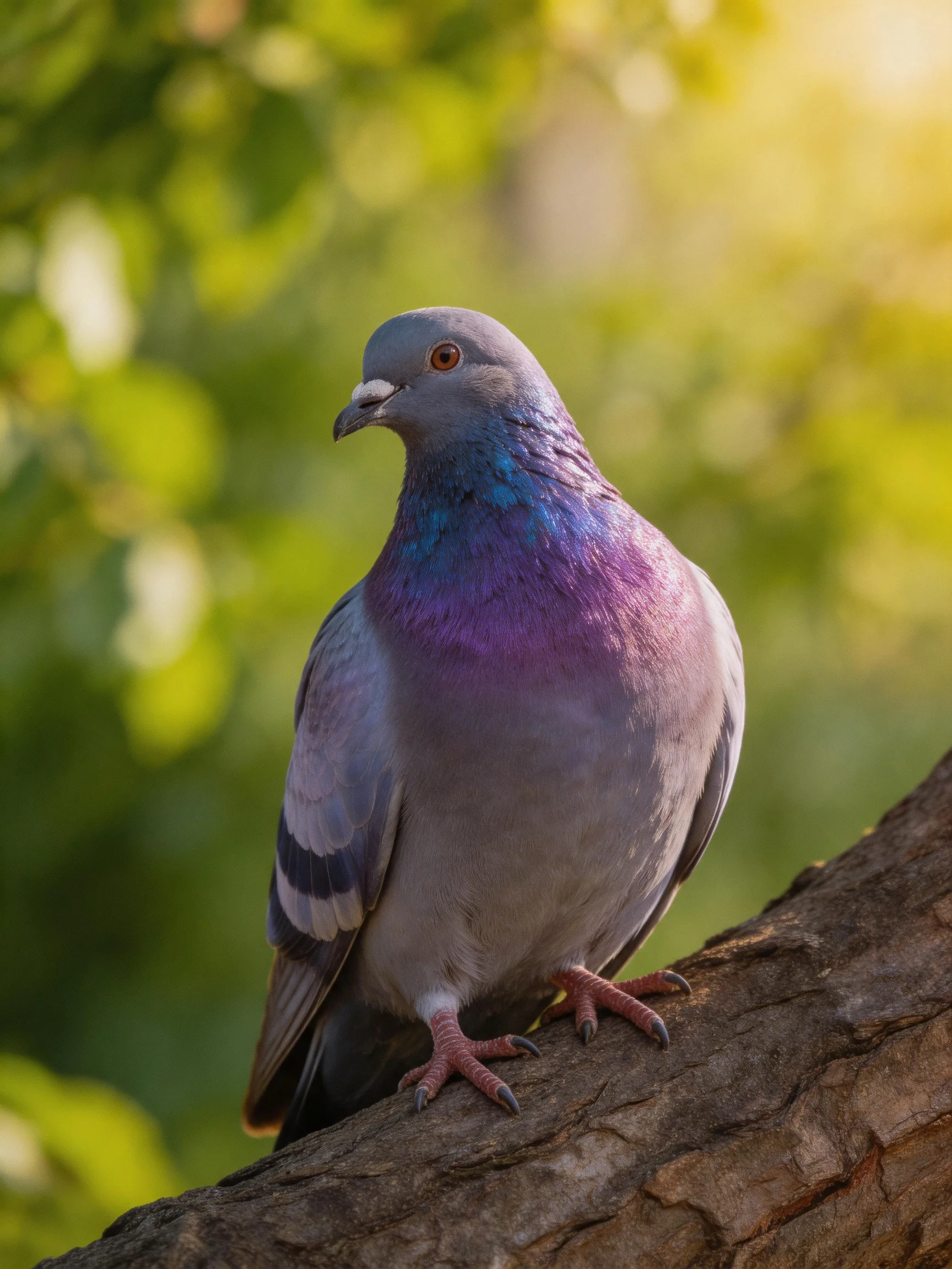 A colorful pigeon rests on a tree branch amid lush green foliage.