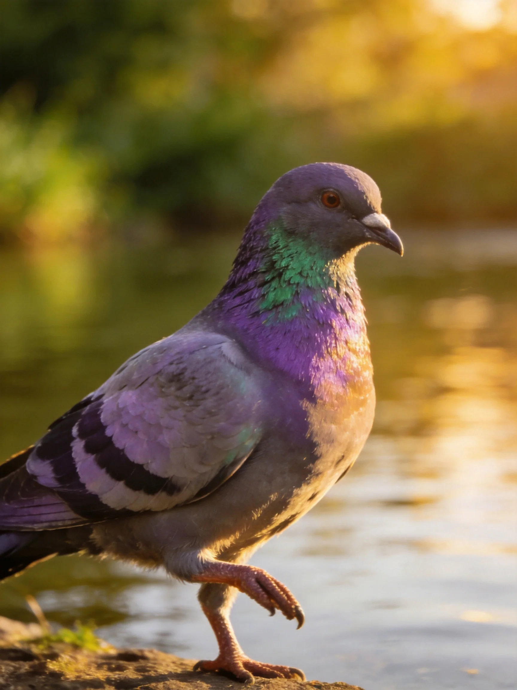 A vibrant pigeon with purple and green plumage by calm waters