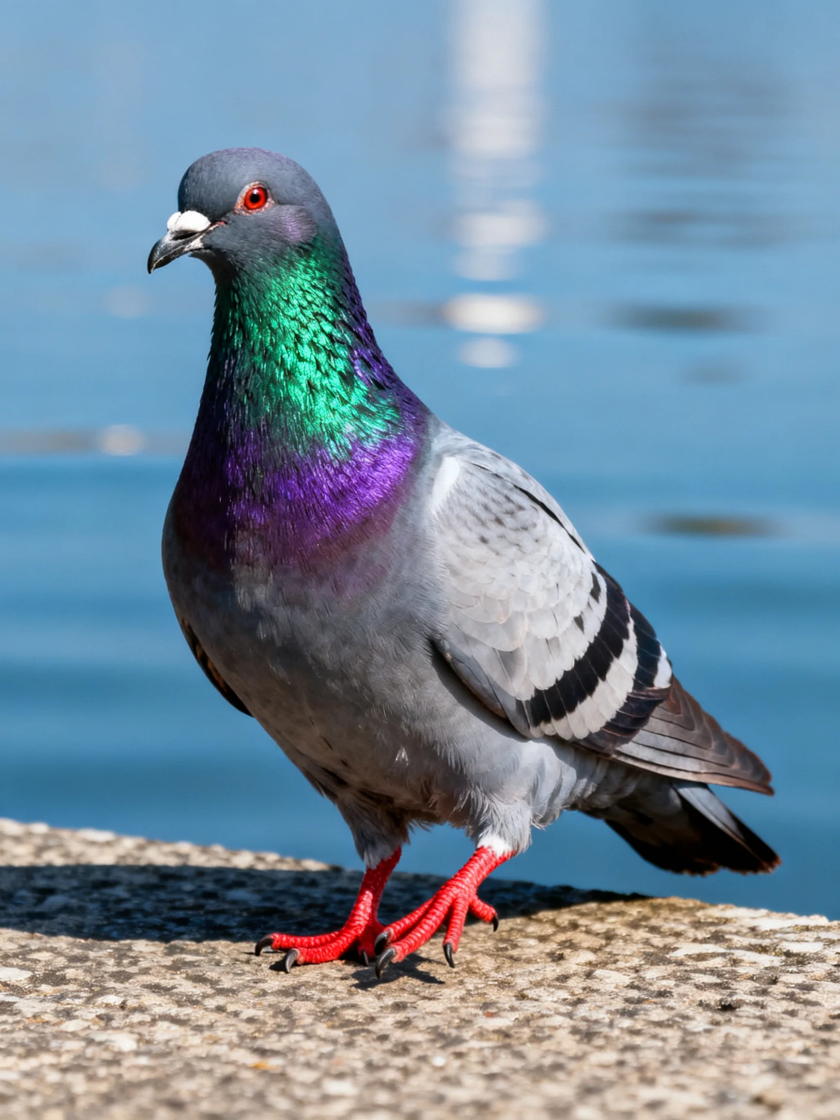 A vibrant pigeon with purple-green neck perched by calm blue water