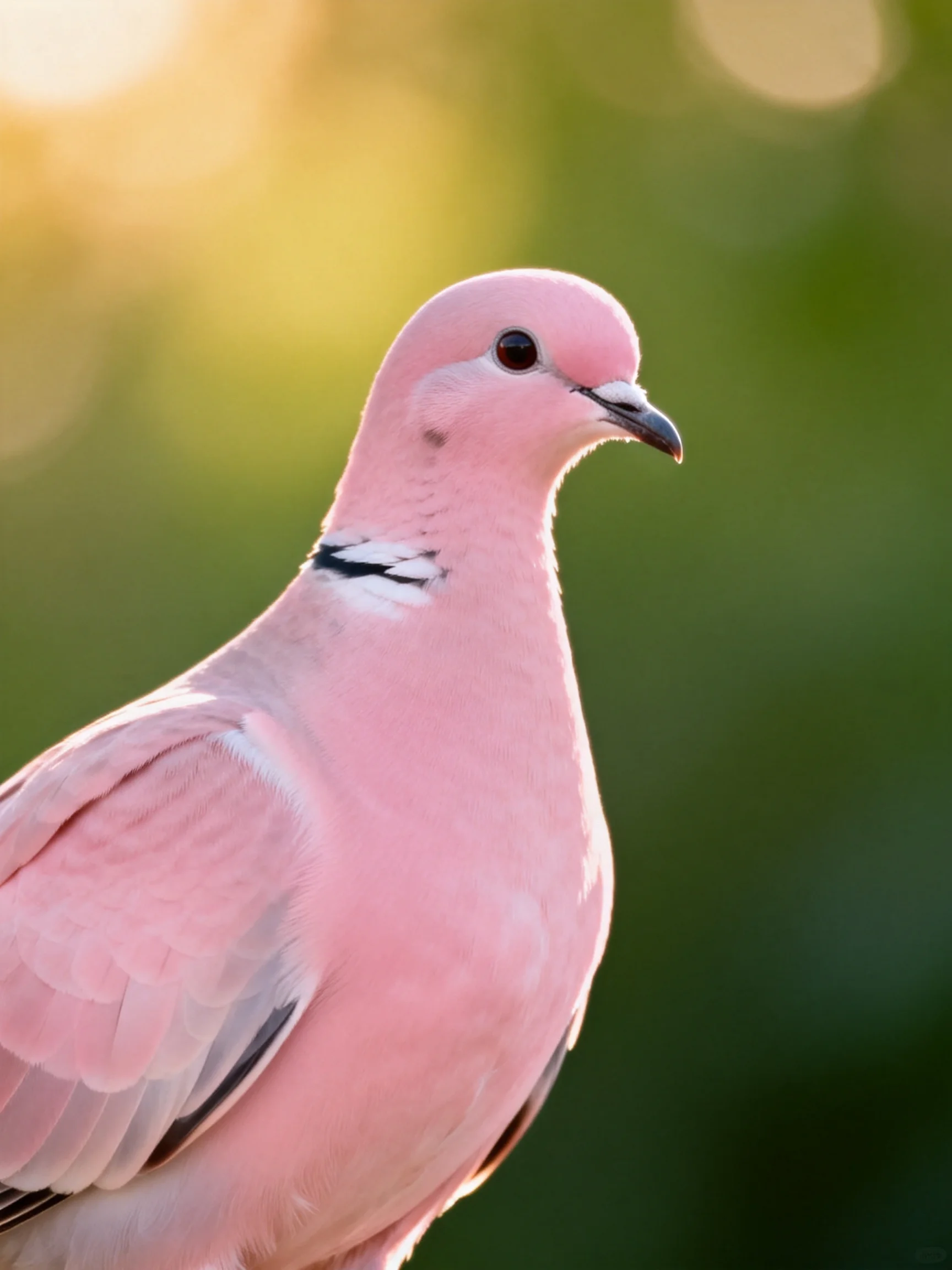 A vibrant pink pigeon with black and white neck markings, set against a blurred green backdrop