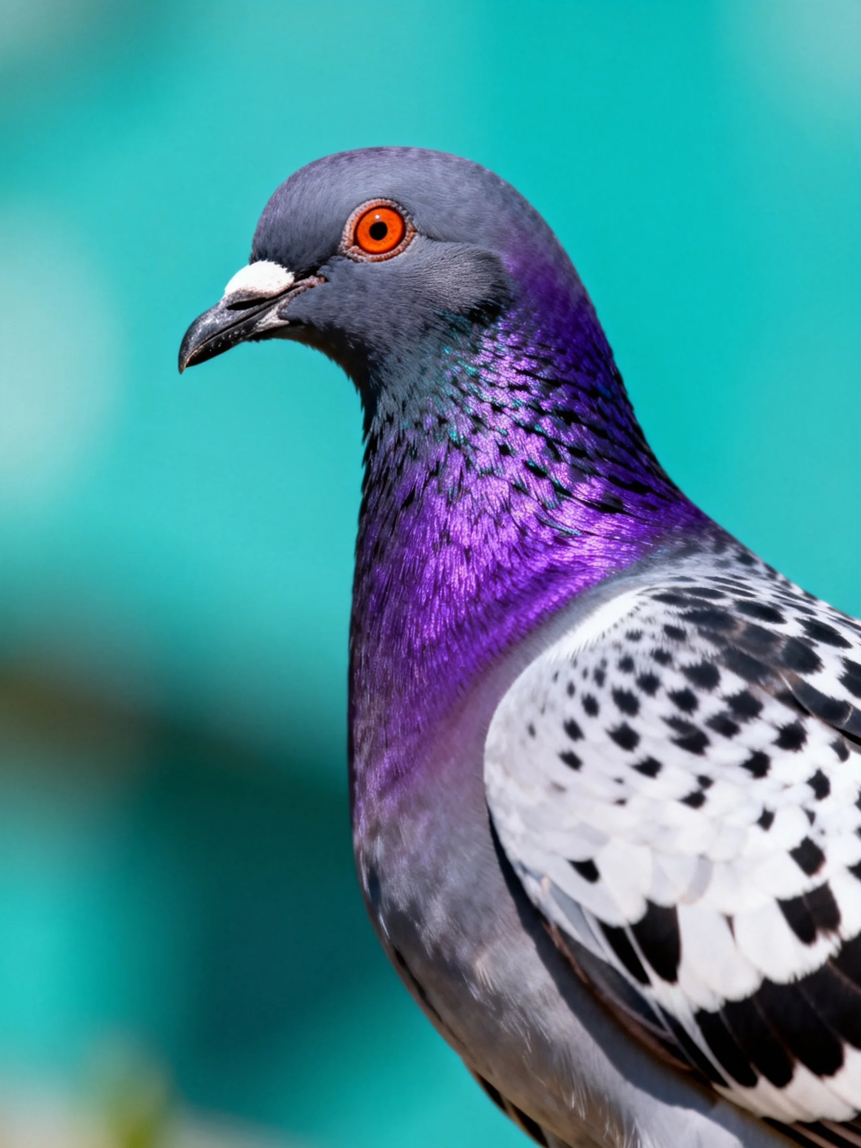 A vibrant purple - necked pigeon with gray head and spotted wings