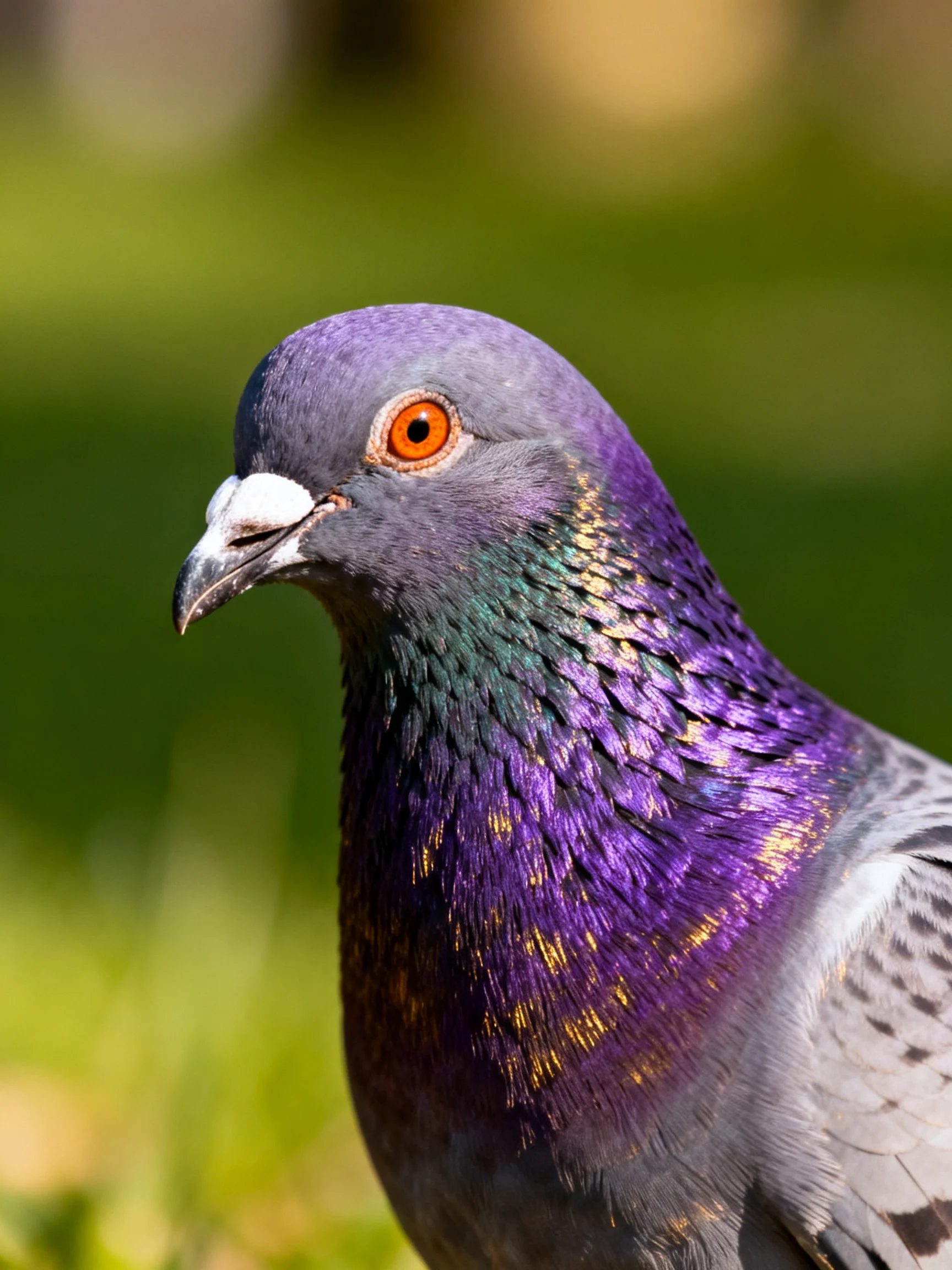 A vibrant purple and gray pigeon with an orange eye