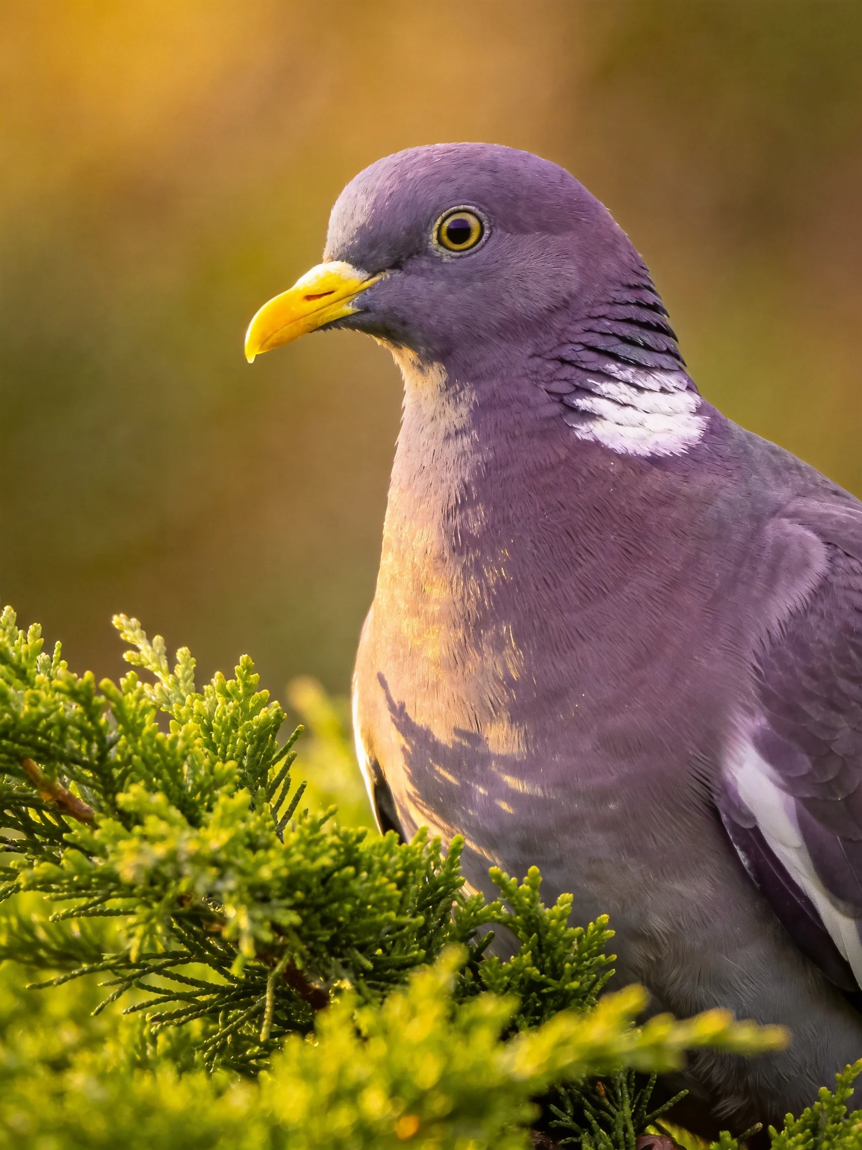 A vibrant purple pigeon with a bright yellow beak sits among dense green foliage