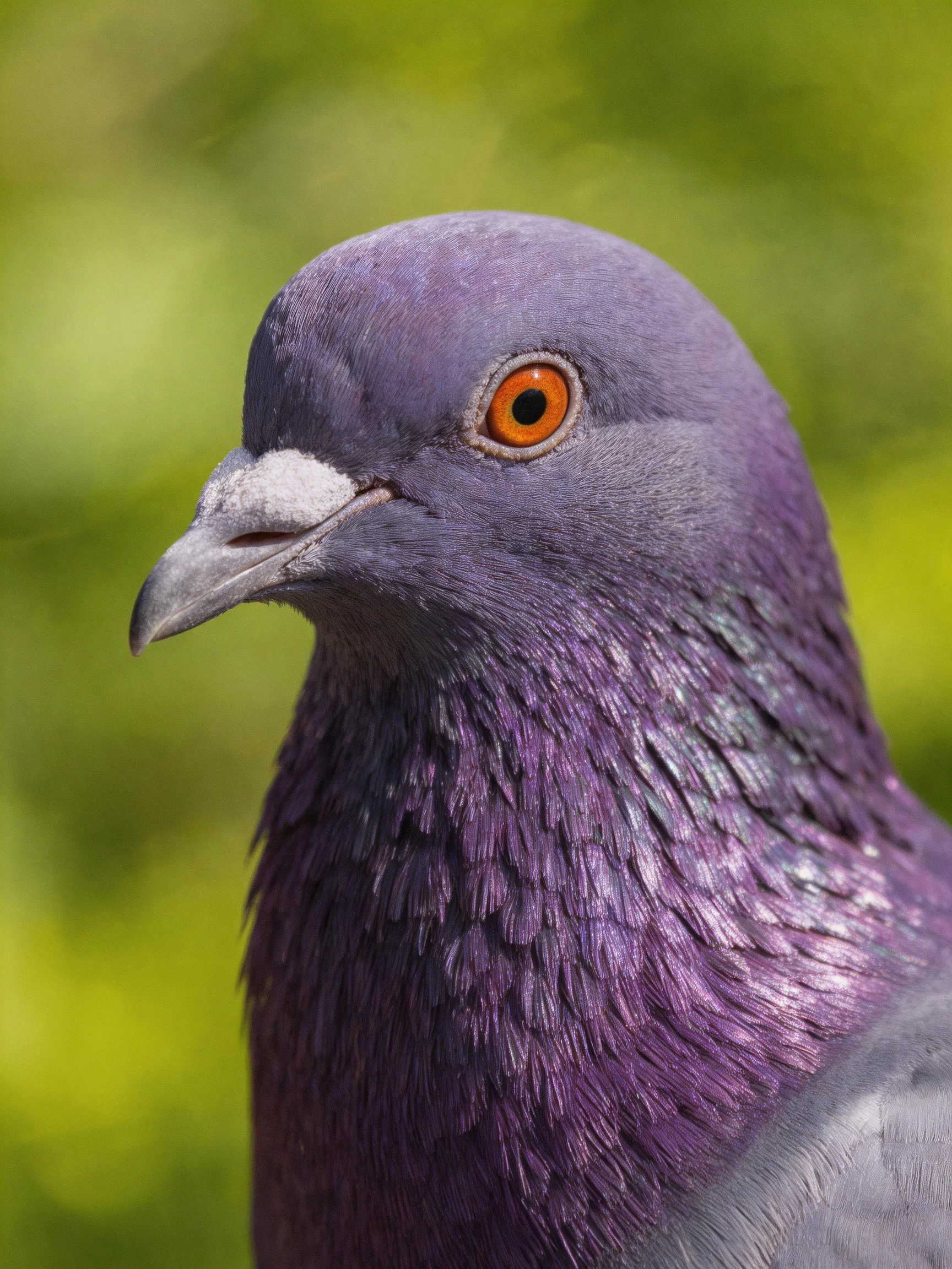 A vibrant purple pigeon with an orange eye against a blurred green backdrop