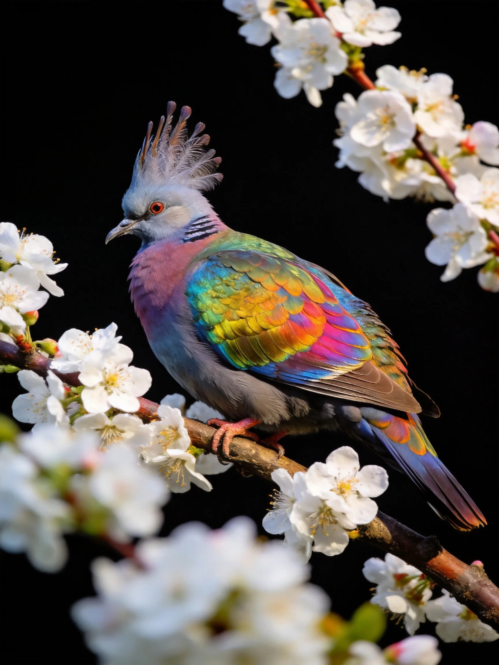 A vibrantly colored bird perched among delicate white blossoms