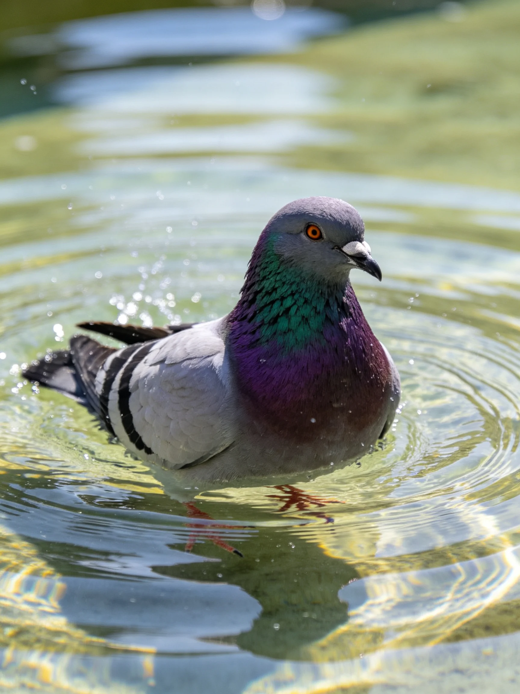A vibrantly colored pigeon bathing in clear, rippling water
