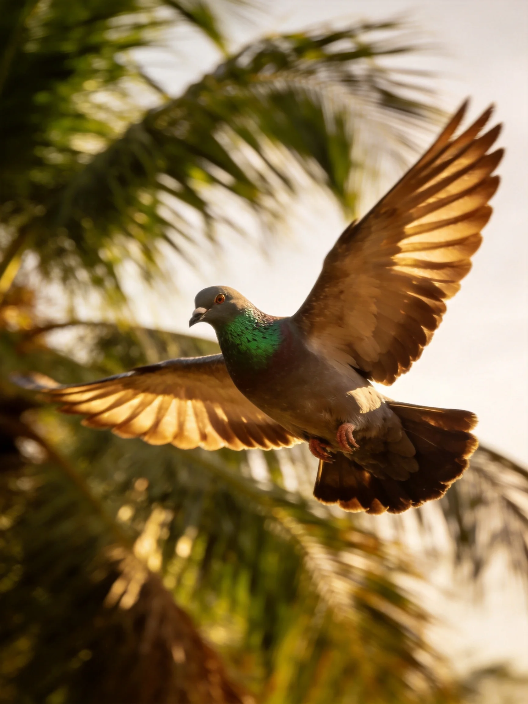 A vibrantly colored pigeon flies past lush palm trees
