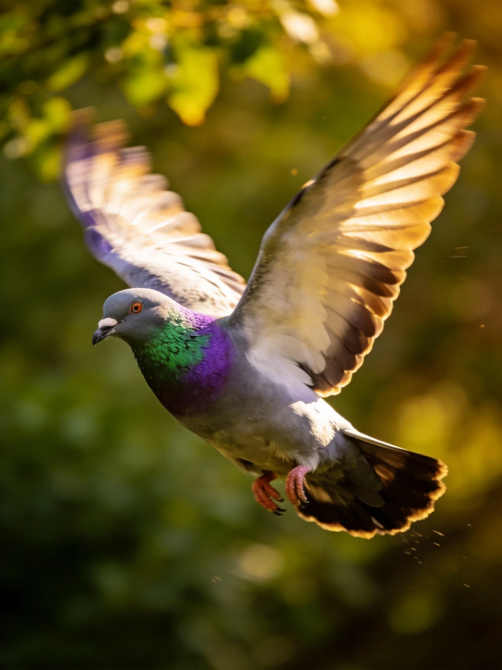A vibrantly colored pigeon flies with outstretched wings amid sunlit foliage