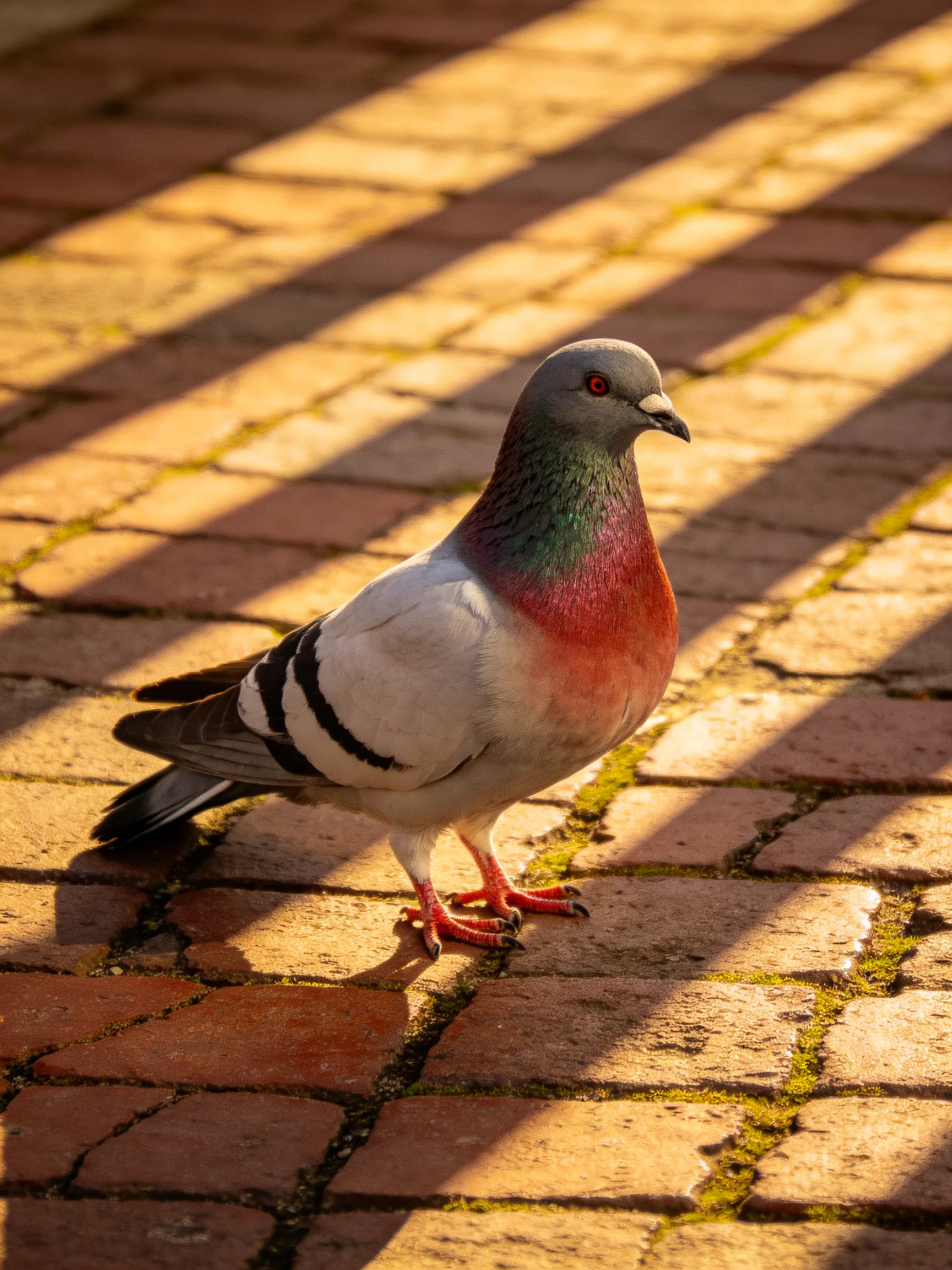 A vibrantly colored pigeon on a sun-dappled brick walkway