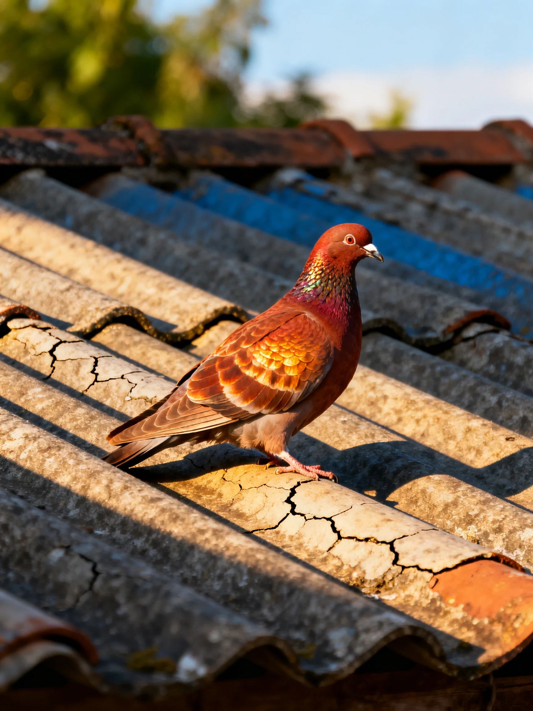 A vibrantly colored pigeon on an aged, cracked rooftop