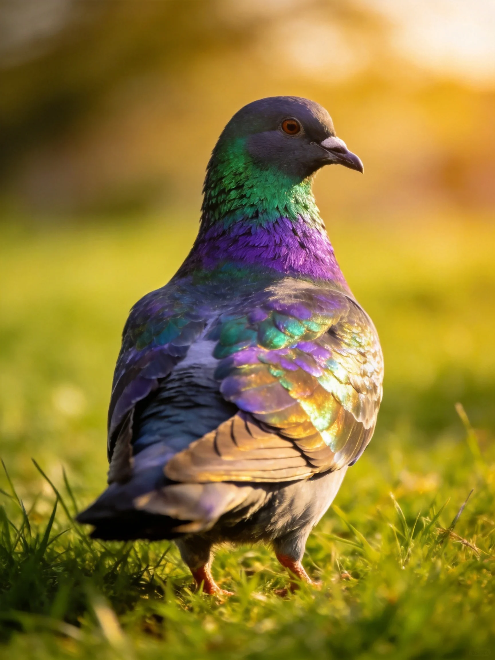 A vibrantly colored pigeon on lush green grass