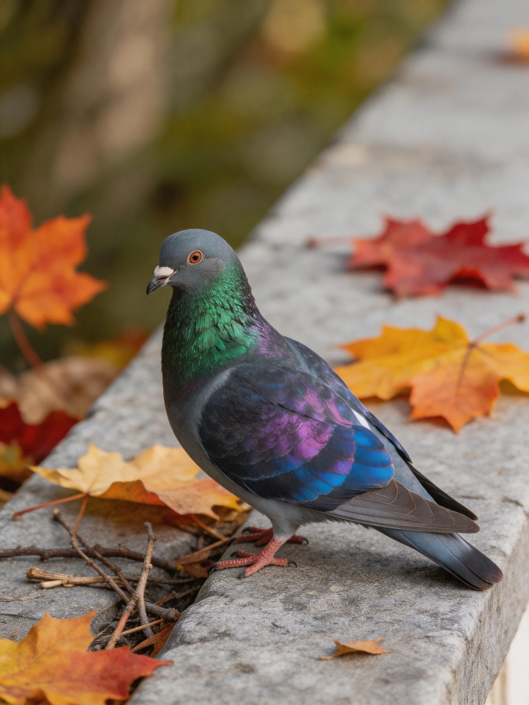 A vibrantly colored pigeon perched near autumn leaves