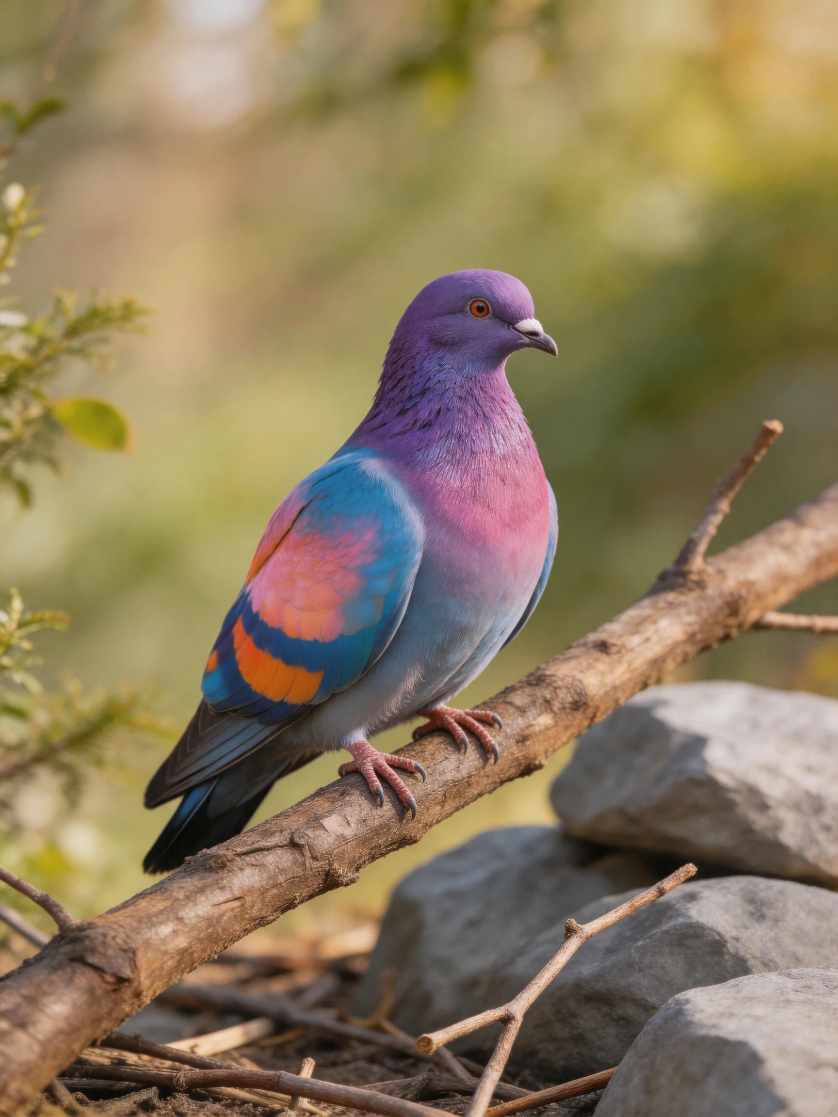 A vibrantly colored pigeon perched on a branch near rocks