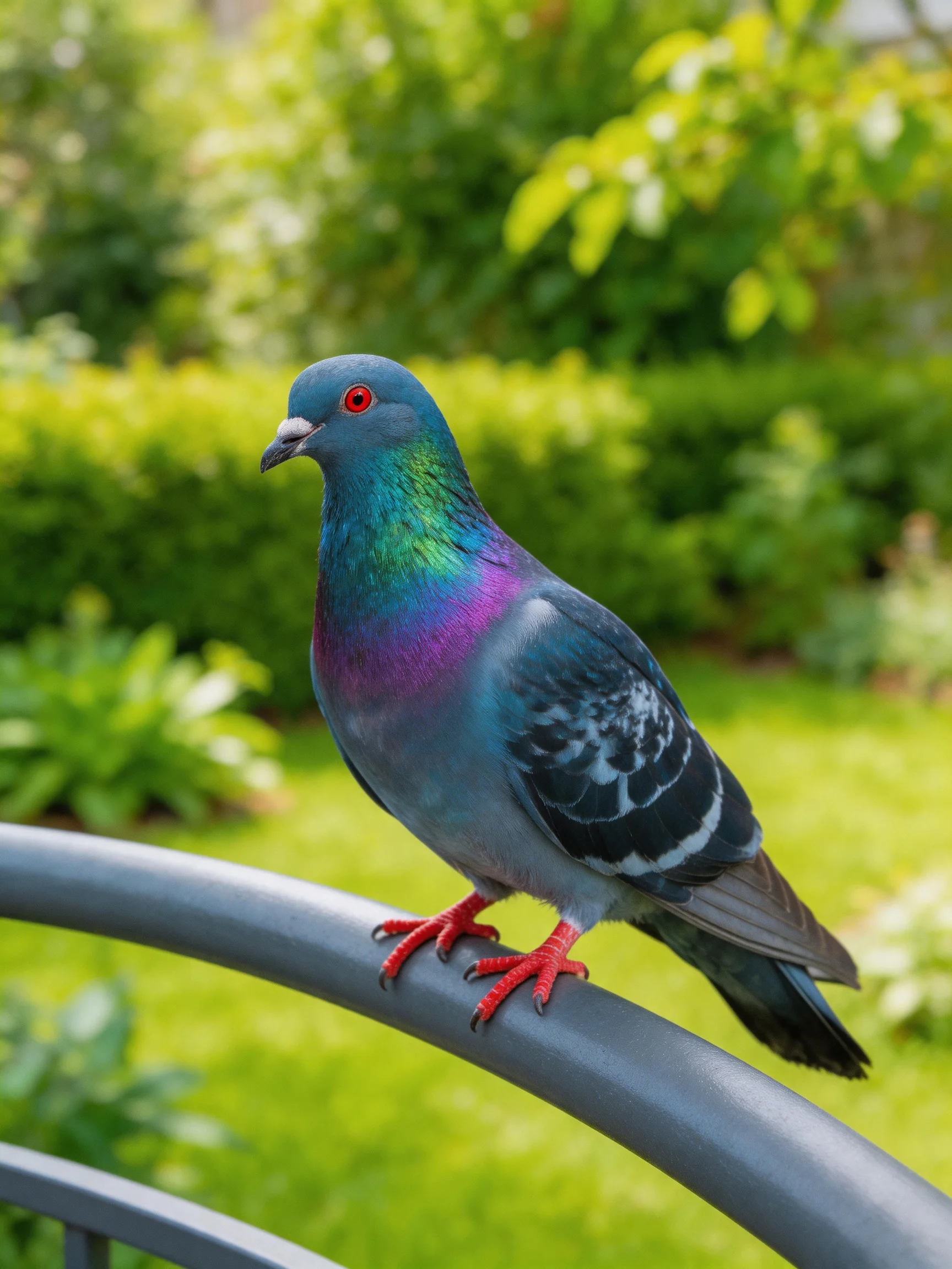 A vibrantly colored pigeon perched on a metallic railing among lush greenery