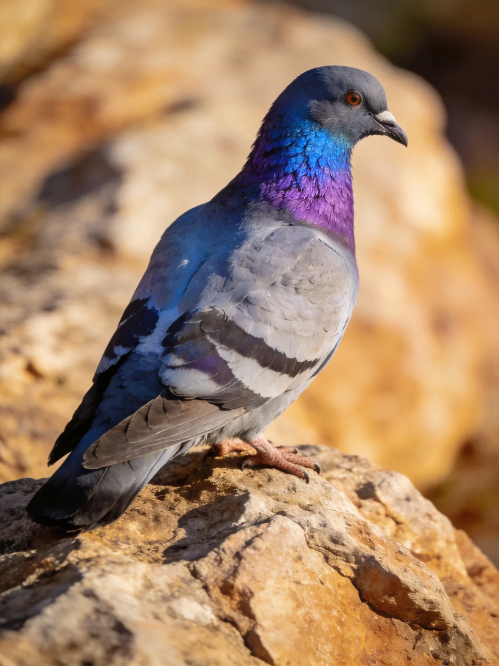 A vibrantly colored pigeon perched on a rugged stone surface