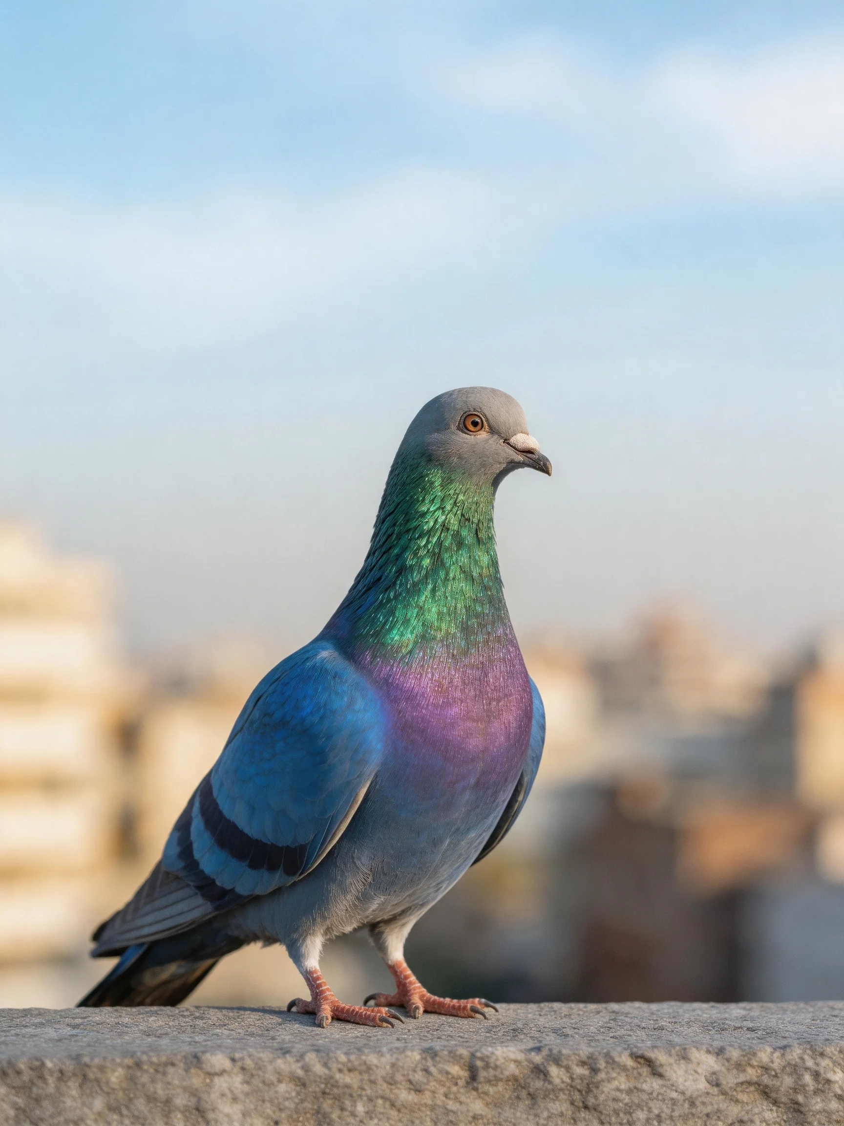 A vibrantly colored pigeon perched on a stone ledge amid city buildings
