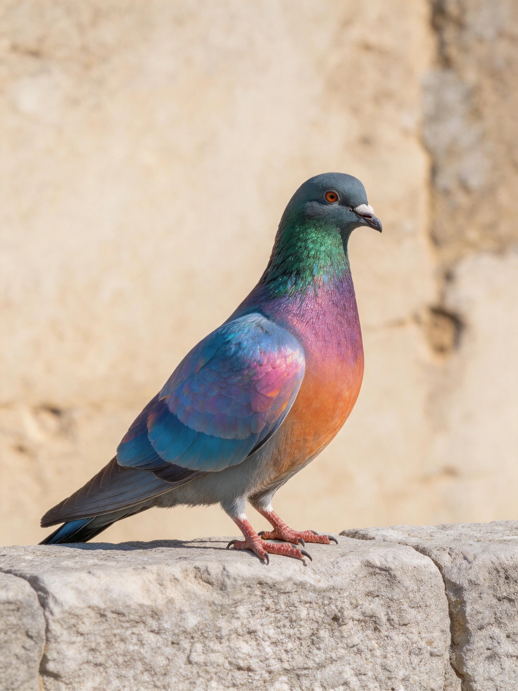 A vibrantly colored pigeon perched on a stone ledge