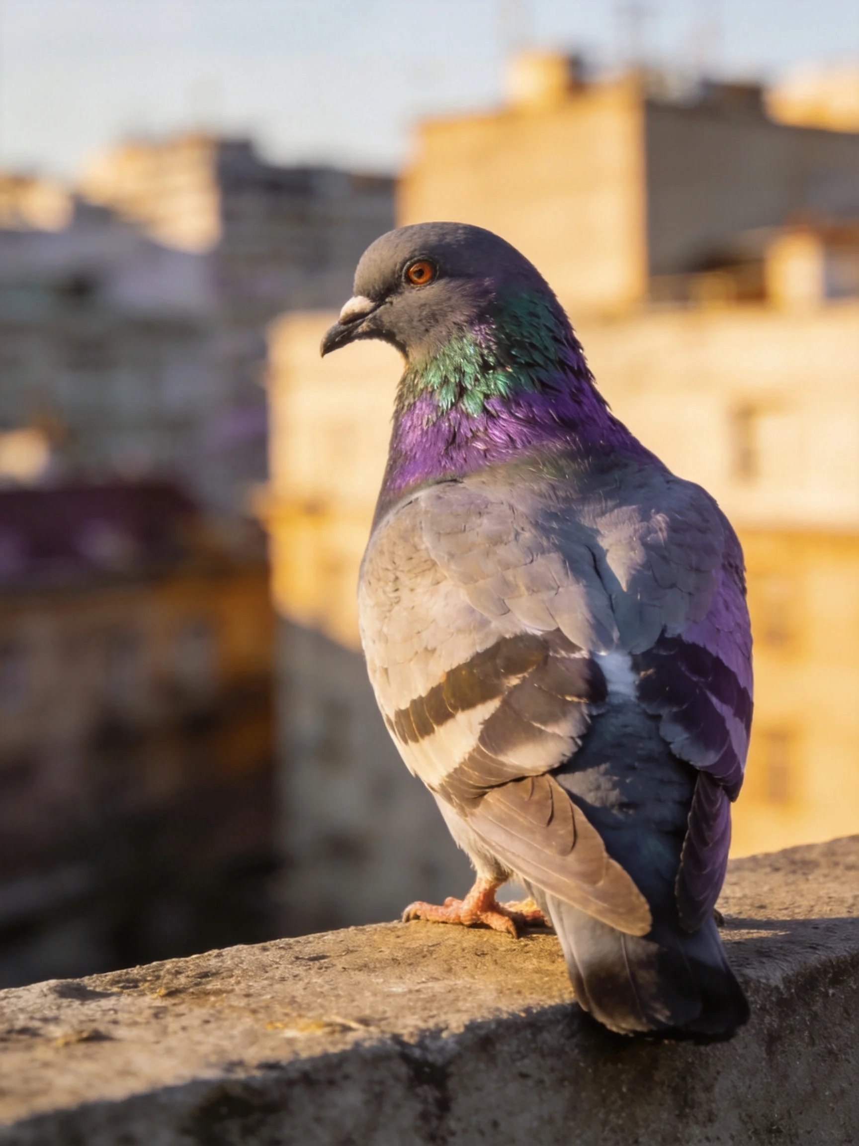A vibrantly colored pigeon perched on a stone ledge near buildings