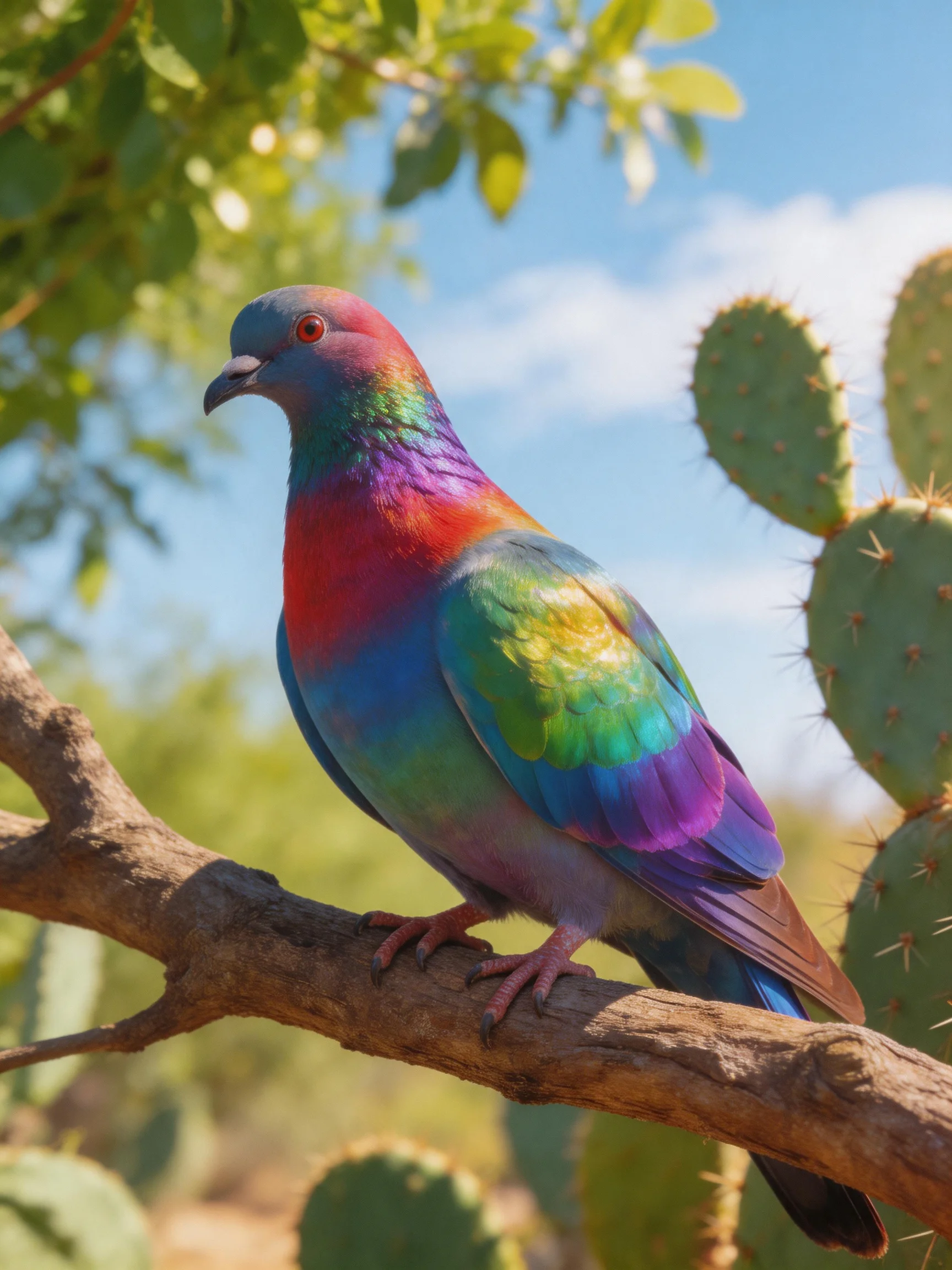 A vibrantly colored pigeon perched on a tree branch near cacti